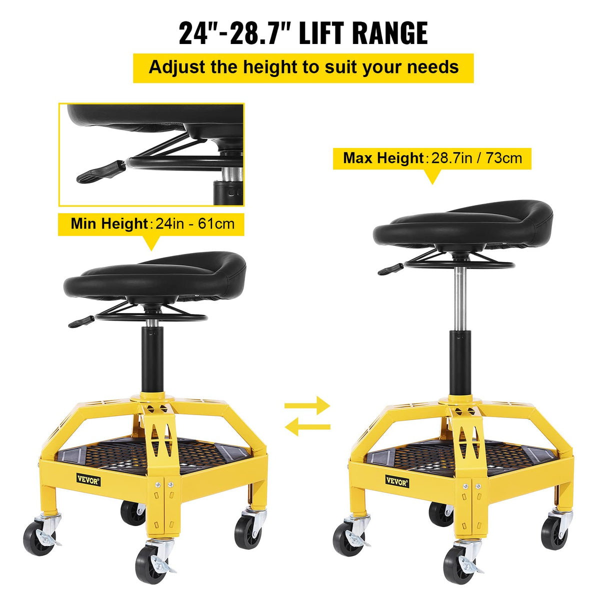 VEVOR Rolling Garage Stool, 300LBS Capacity, Adjustable Height from 24 in to 28.7 in, Mechanic Seat with 360-degree Swivel Wheels and Tool Tray, for VEVOR