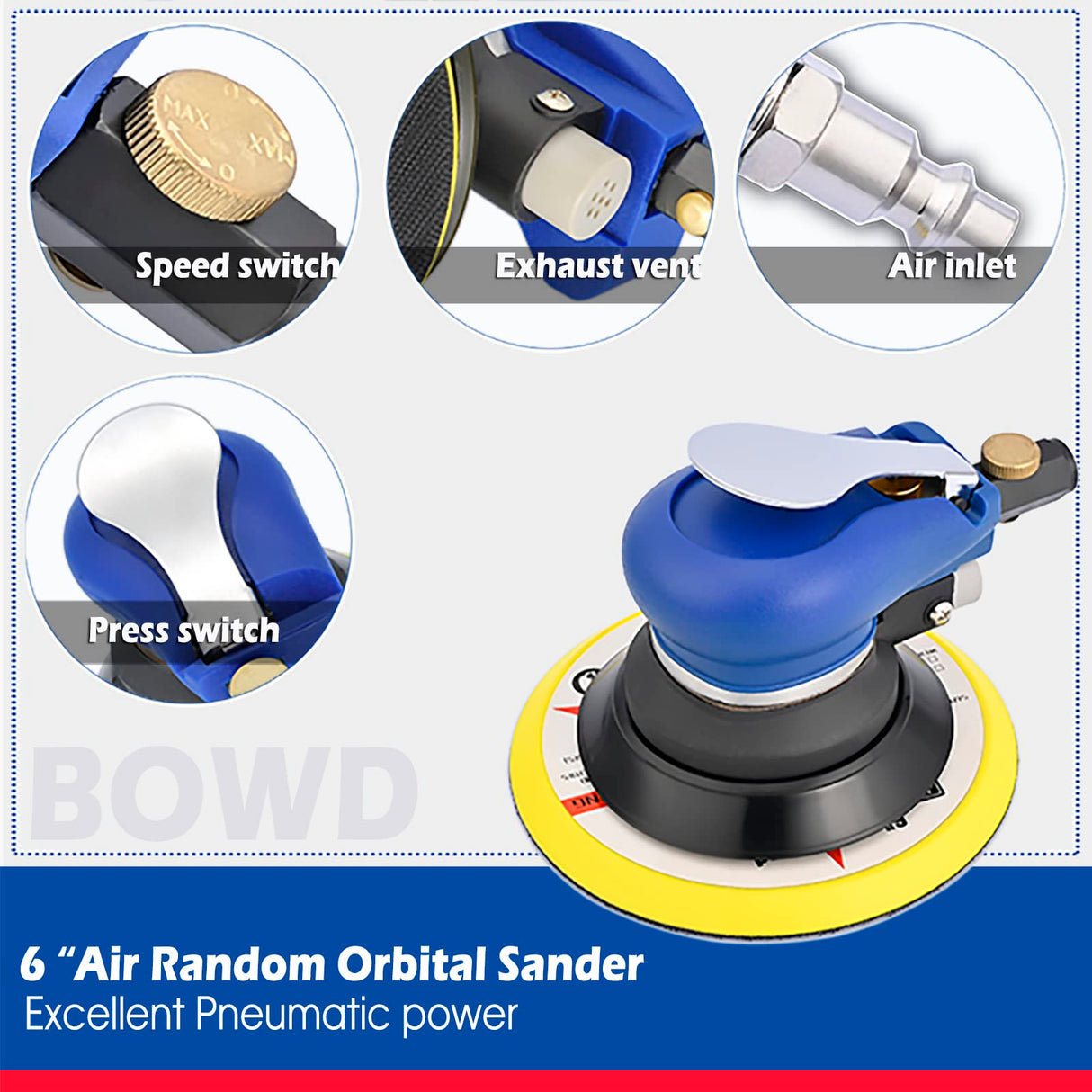 6 Inch Air Random Orbital Sander, Pneumatic Palm Sander tool with 10 Pcs Sandpapers, Air Sanders For Auto Body Work By Bowd BOWD