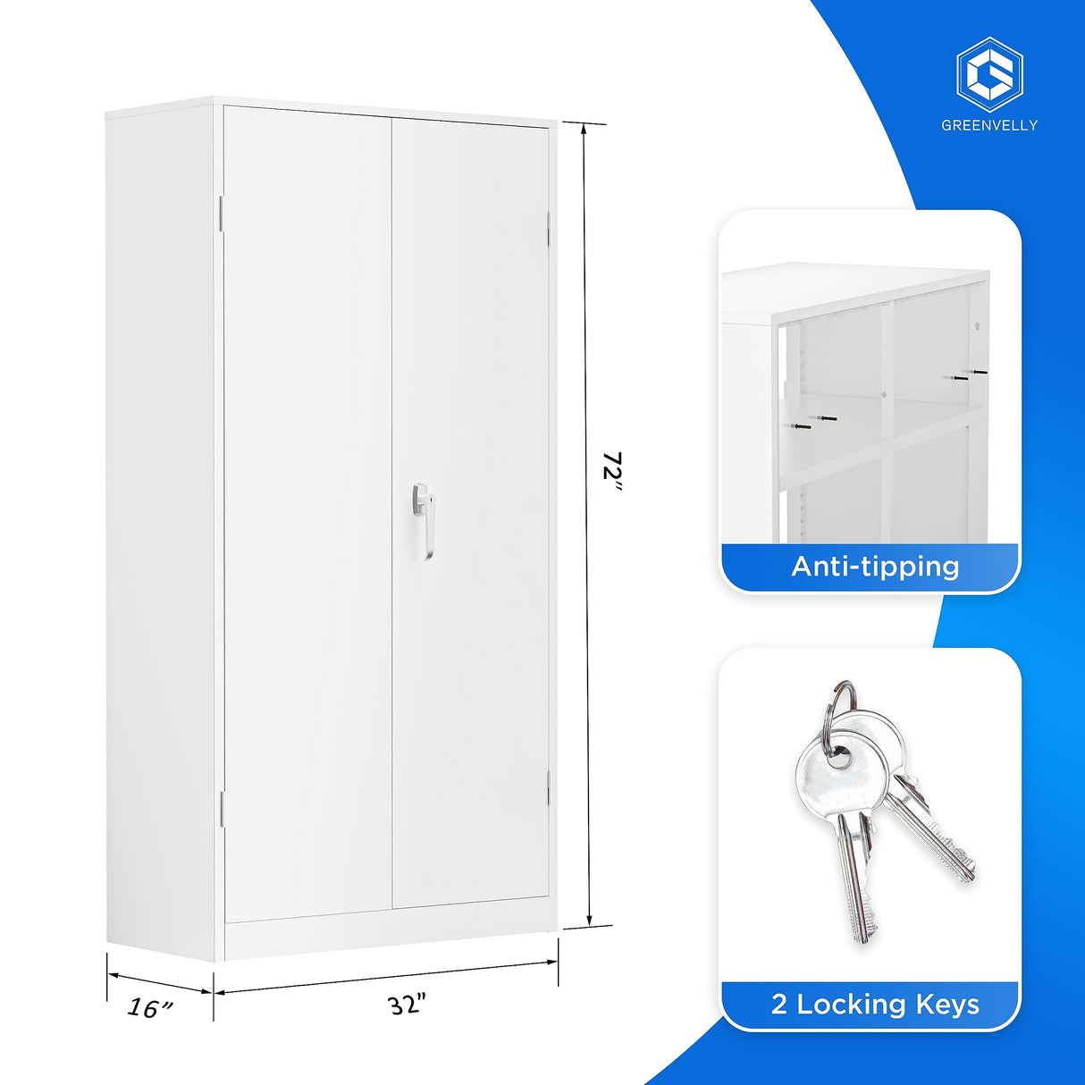 Greenvelly White Metal Storage Cabinet, 72" Locking Storage Cabinets with Doors and 4 Shelves, Tall Tool Storage Cabinet for Garage, Steel Lockable Greenvelly