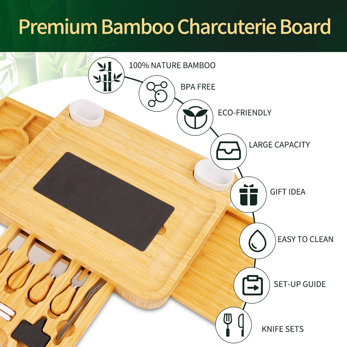 Large Charcuterie Cheese Board and Knife Set, 3 Drawers Kitchen Charcuterie Platter & Large Serving Tray - House Warming, Anniversary Wedding Gifts YZS Housm