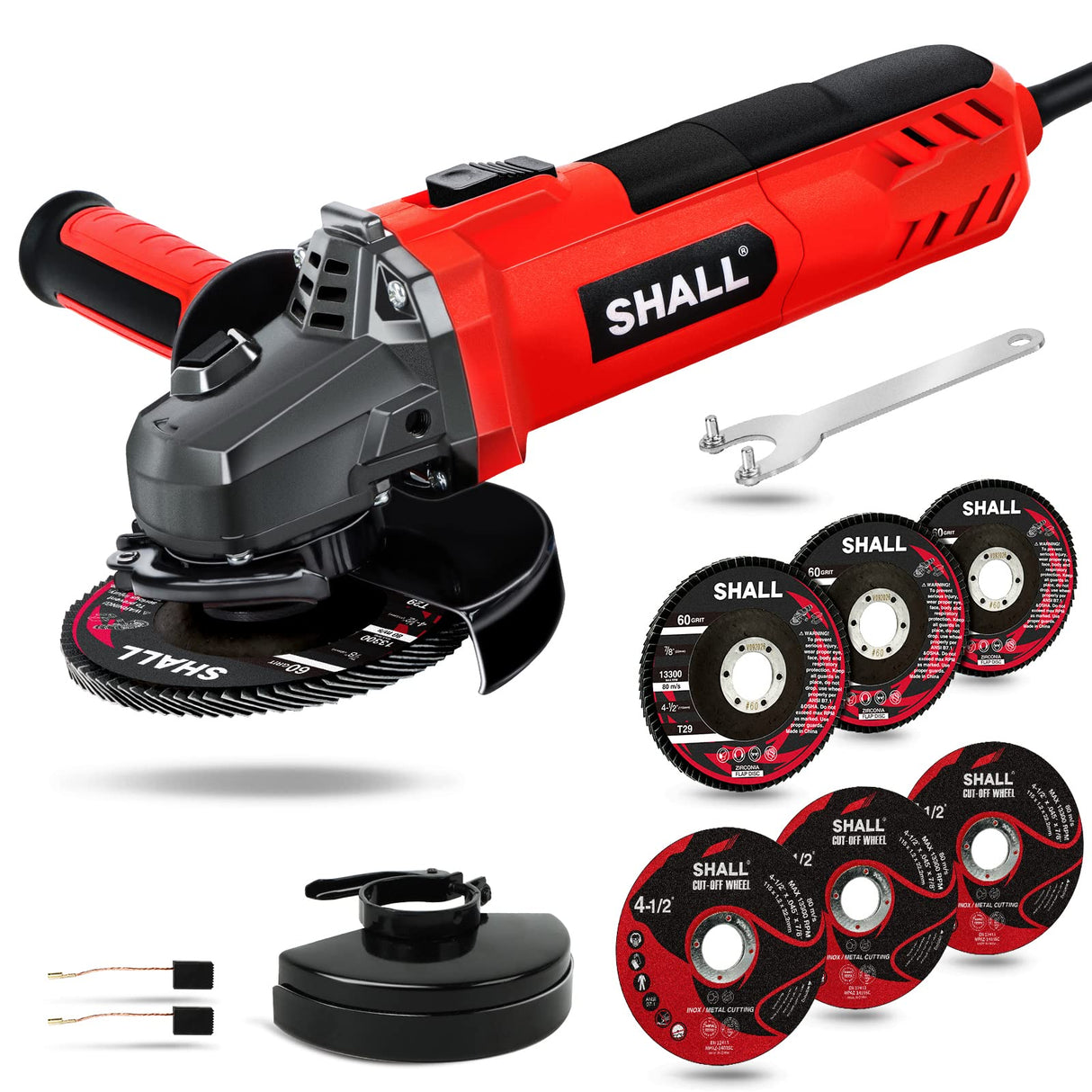 7.5Amp 4-1/2 Inch 12000 RPM Angle Grinder with 2 Guards, 3 Cutting Wheels, 3 Discs, Non-Slip Handle and Carbon Brush for Metal and Wood SHALL