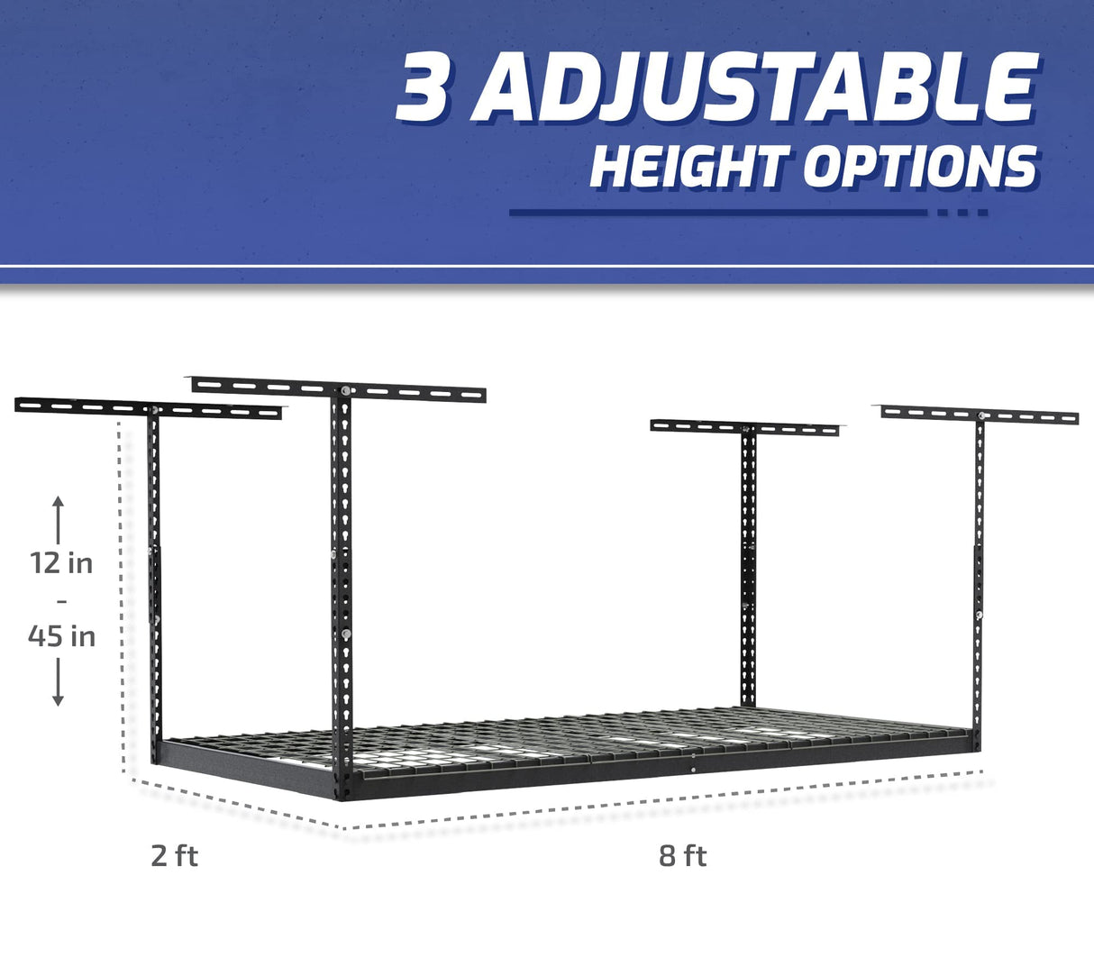 SafeRacks 3x8 Overhead Garage Storage Rack - 500 Pound Weight Capacity Height Adjustable Steel Ceiling-Mounted Rack with Accessories (Hammertone) SafeRacks