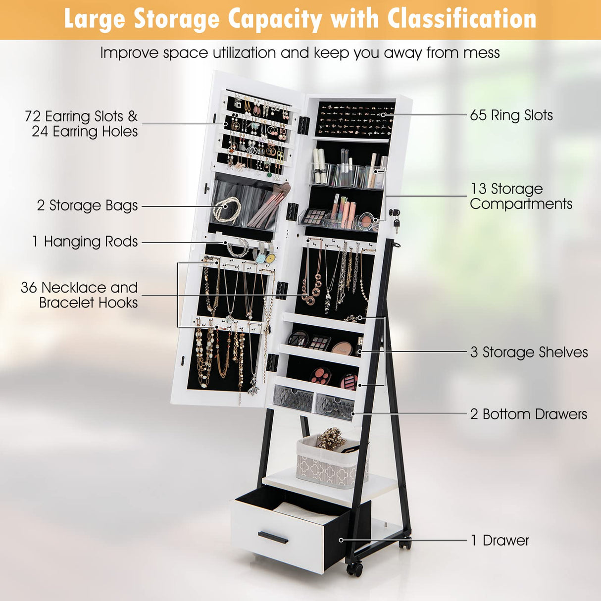 CHARMAID Rolling Jewelry Cabinet with Full Length Mirror, Lockable Standing Jewelry Armoire with Wheels, Steel Legs, Lipstick Brush Storage, Jewelry CHARMAID