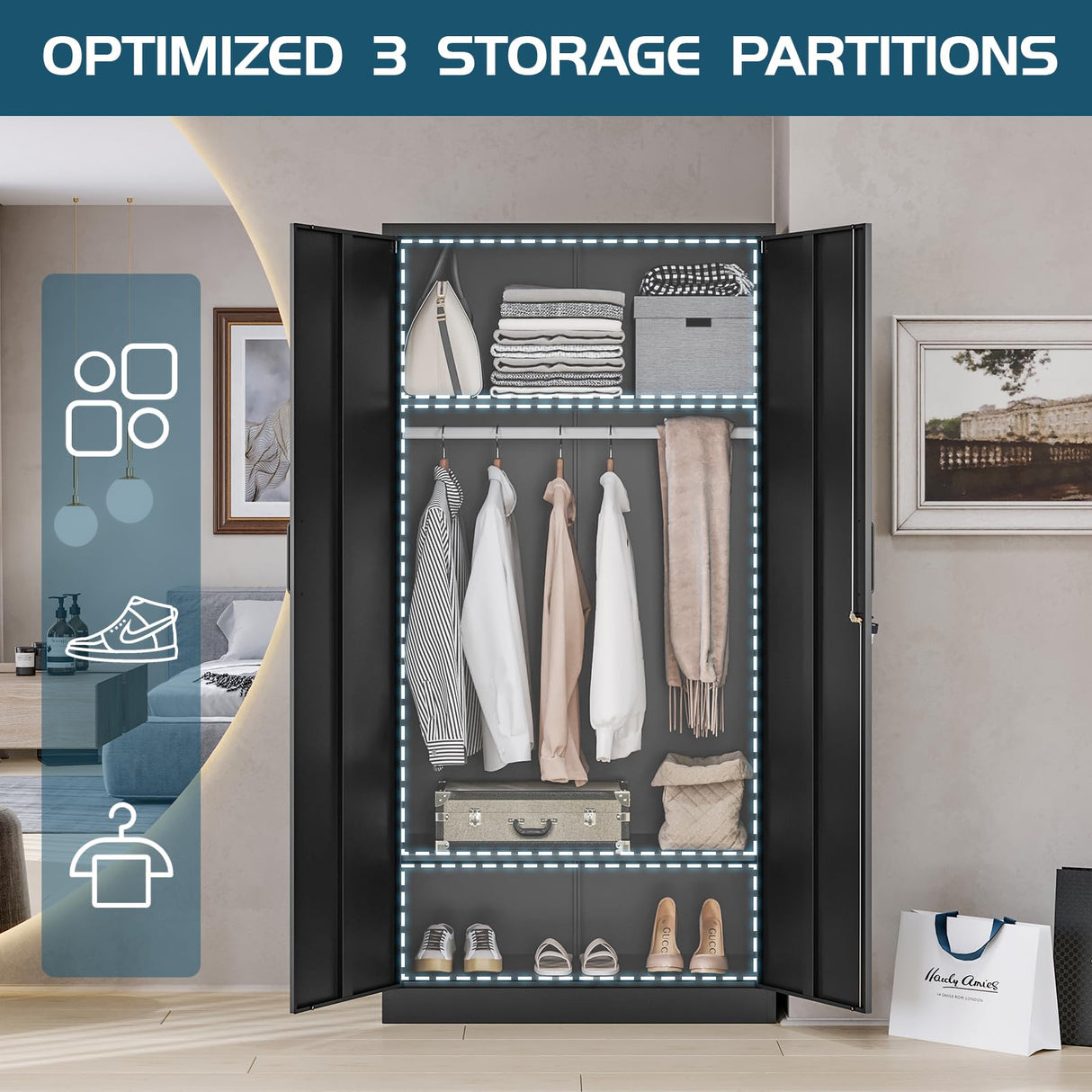 MIIIKO Steel Wardrobe Cabinet for Clothes, 72" Garments Closet Cabinet for Home Office and Bedroom with Shelves and Hanging Rod MIIIKO