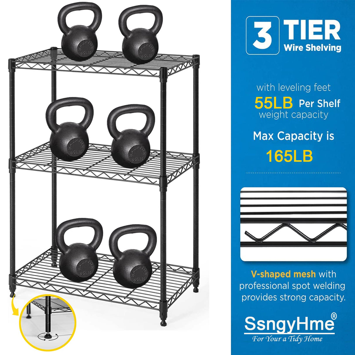 SsngygHme 3 Tier Shelf Storage, Wire Shelving Unit, 3 Tiers Standing Shelving Units Adjustable Metal Organizer Wire Rack with Leveling Feet, 15.7 '' SsngygHme