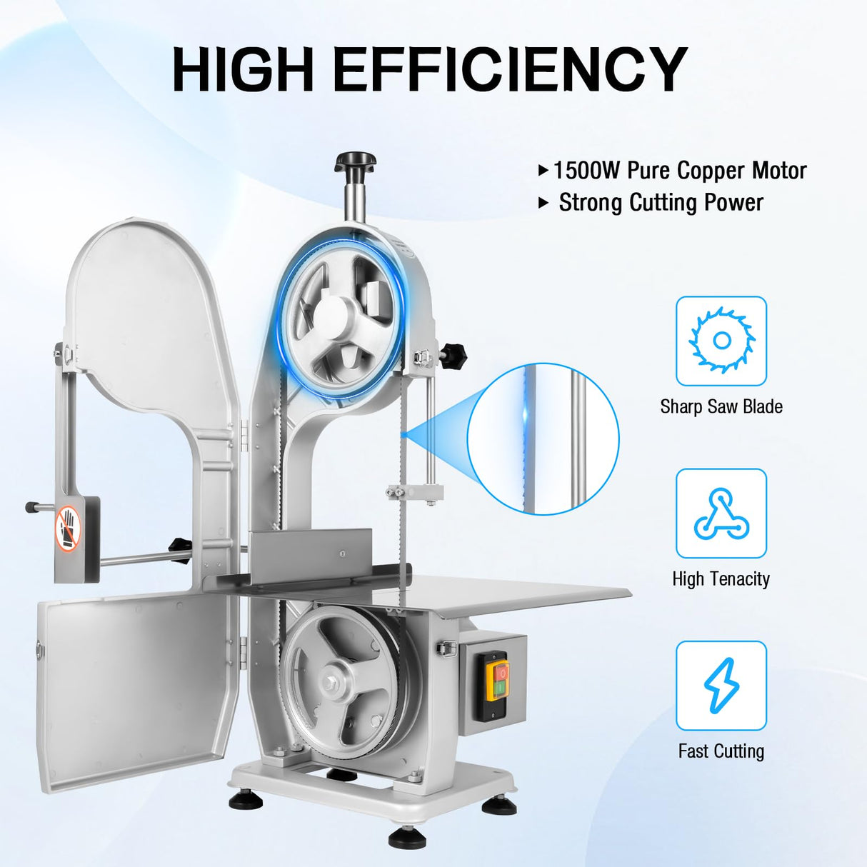 Electric Meat and Bone Saw w/18.7 * 14.96 inche Workbench, 1500W Stainless Steel Commercial Bone Band Saw Machine - 6.3 inches Adjustable Cutting REBaiYU