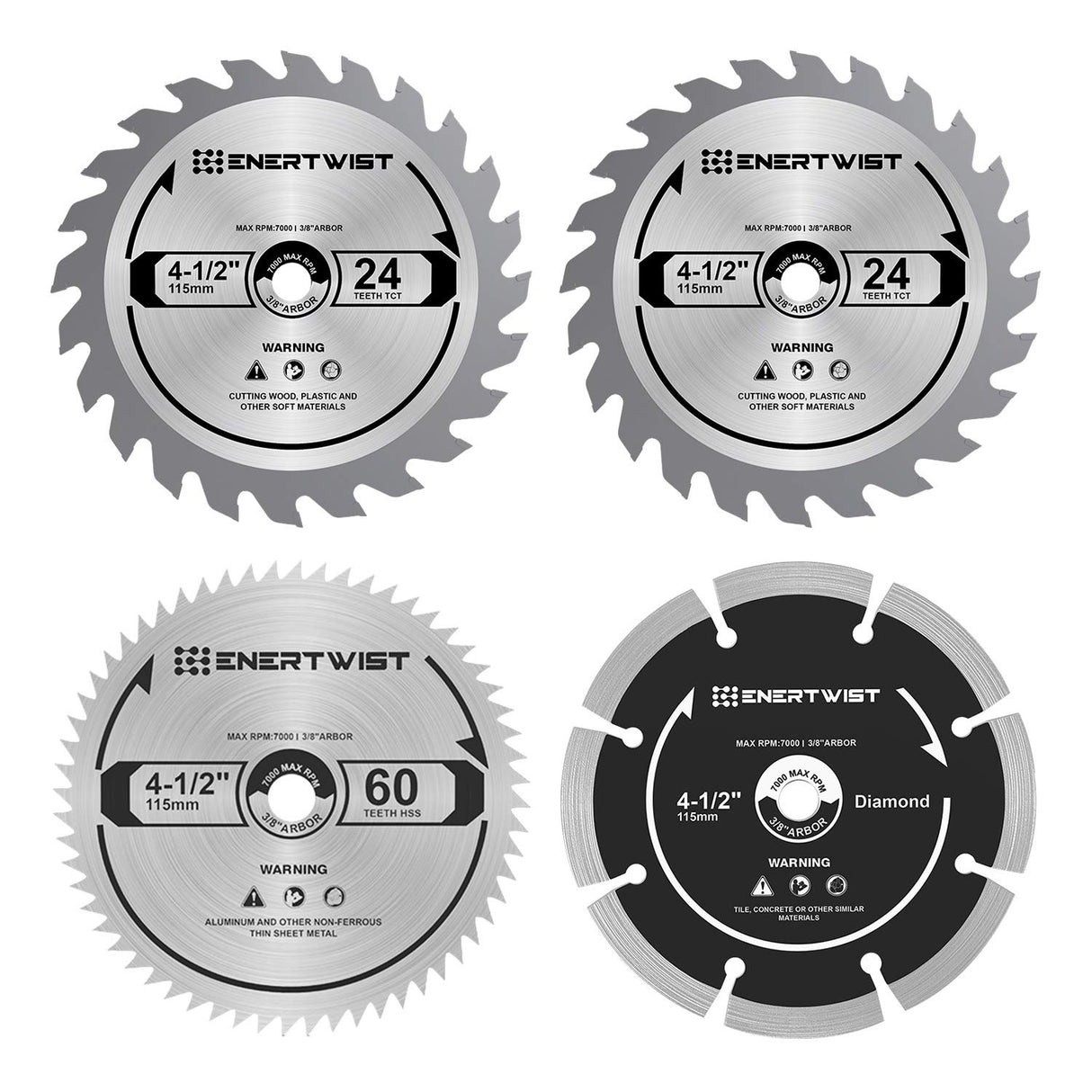 ENERTWIST 4-1/2 Inch Compact Circular Saw Blade Set, Pack of 4-Pieces TCT/HSS/Diamond Saw Blades Assorted for Wood/Plastic/Metal/Tile Cutting, 3/8in ENERTWIST
