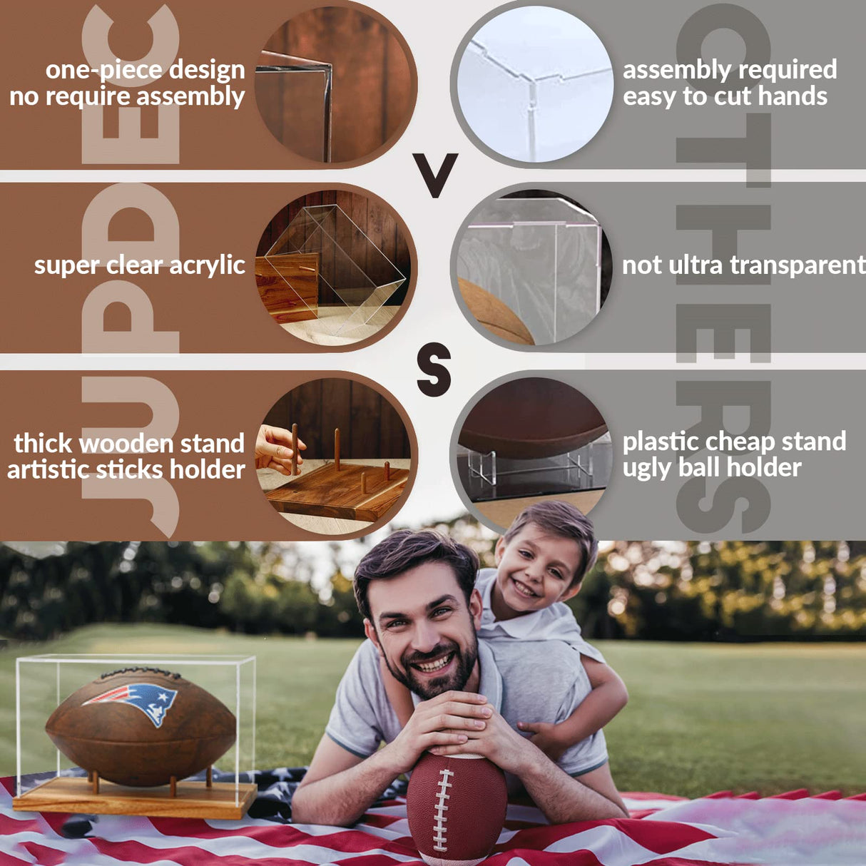 JupDec Football Display Case Full Size, Acrylic Clear Box with Wood Stand, UV Protected Memorabilia Holder, for Football Fans & Collectors, Sports JupDec