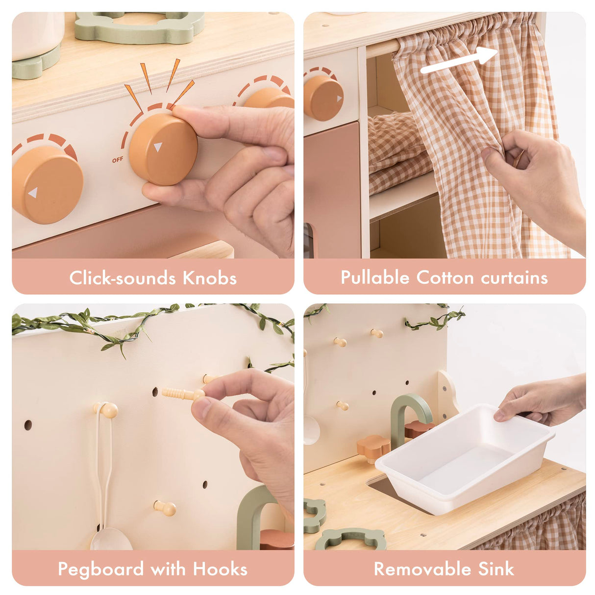 ROBOTIME Kids Play Kitchen Set - Rustic Wooden Pretend Play Kitchen with Leaf Light String, Apron, and Groves, for Toddlers 3+ (Rustic Style) ROBOTIME