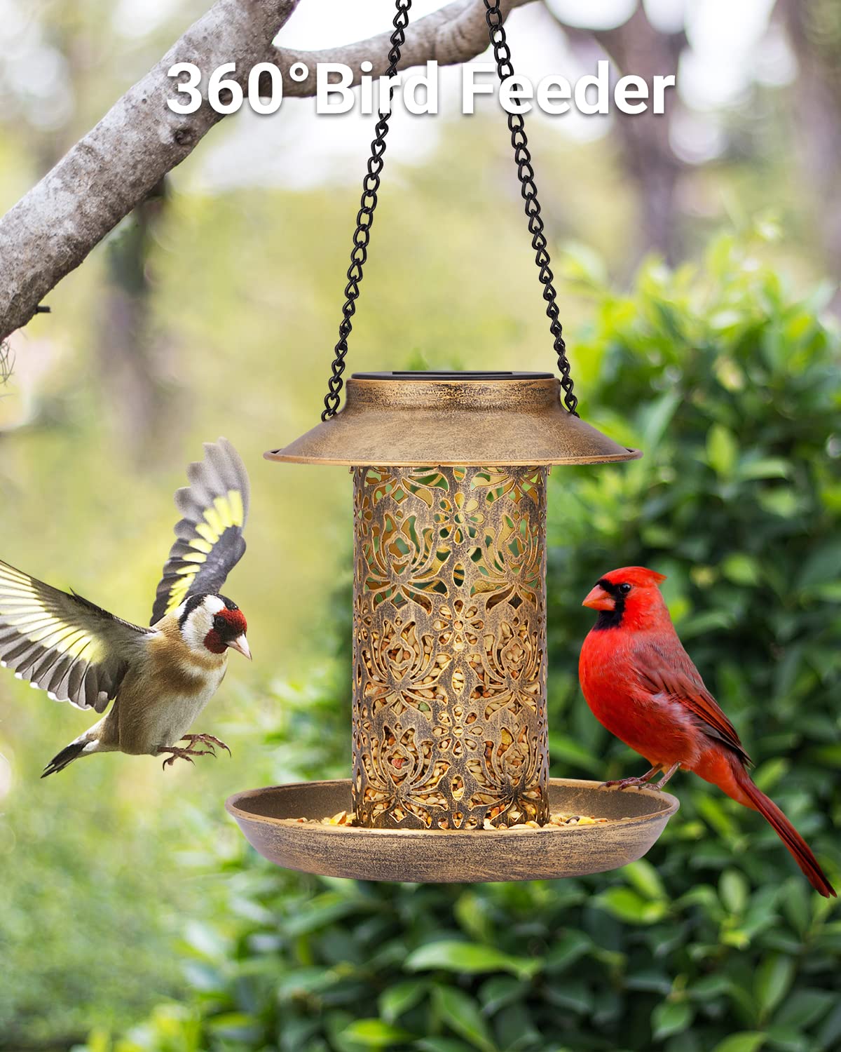 SWEETFULL Solar Bird Feeder for Outdoors Hanging, Metal Wild Bird Feeder for Cardinals Solar Garden Lantern with S Hook as Gift for Bird Lovers (2LBs SWEETFULL