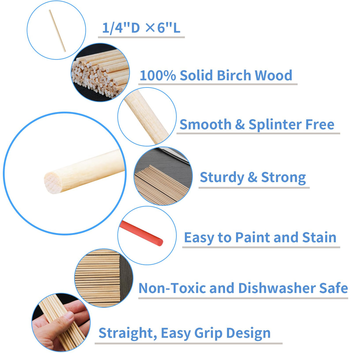 KTOJOY 70PCS Dowel Rods Wood Sticks Wooden Dowel Rods - 1/8x 12 Inch Precut Dowels for Crafting, Hardwood Dowel Rod Assortment, Cake Dowels for KTOJOY