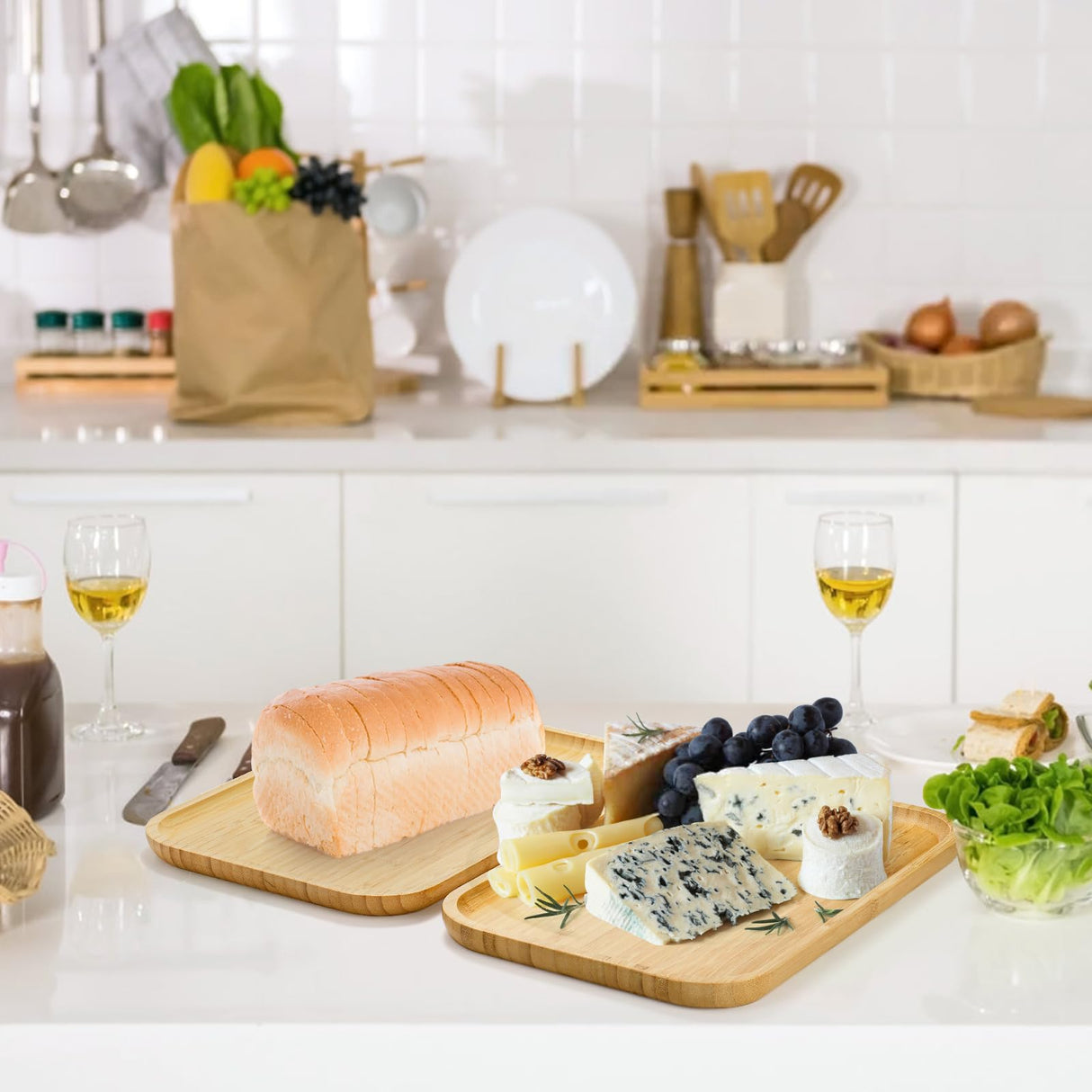 Yarlung 2 Pack Bamboo Tray Cheese Plate, 14x9 Inches Food Serving Saucer Wood Rectangular Platter for Coffee, Tea, Fruit, Plant Pot yarlung