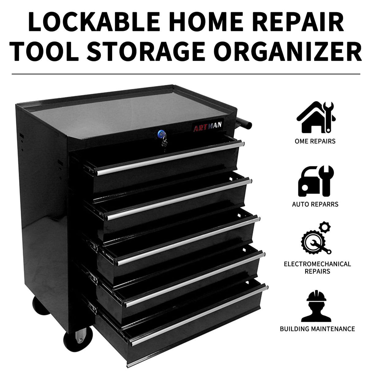 5-Drawer Rolling Tool Cart, Rolling Tool Box on Wheels, Lockable Home Repair Tool Storage Organizer, Tool Chest Cabinet for Mechanic, Garage Larmliss