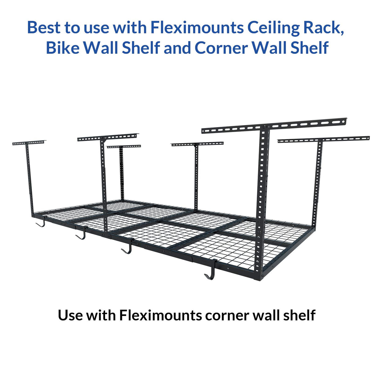 FLEXIMOUNTS 4-Pack Add-On Storage Rail Hook Accessory for Garage Ceiling Storage Rack and Wall Shelving, Black FLEXIMOUNTS