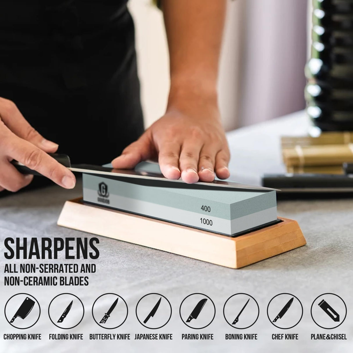 Complete Knife Sharpening Stone Kit - Goodjob Premium Japanese Whetstone Knife Sharpener Tool - Dual Grit 400/1000 3000/8000 Wet stone with Cut goodjob