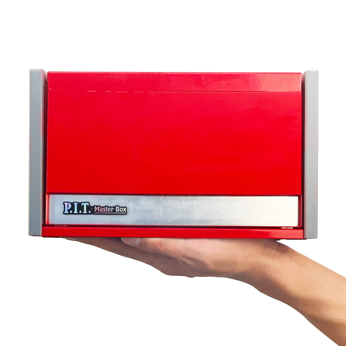 P.I.T. Mini Red Tool Box, Portable 3 Drawer Steel Tool Box with Magnetic Tab Locking, Red Micro Top Chest with Liner for Tools Storage, Home DIY P.I.T.