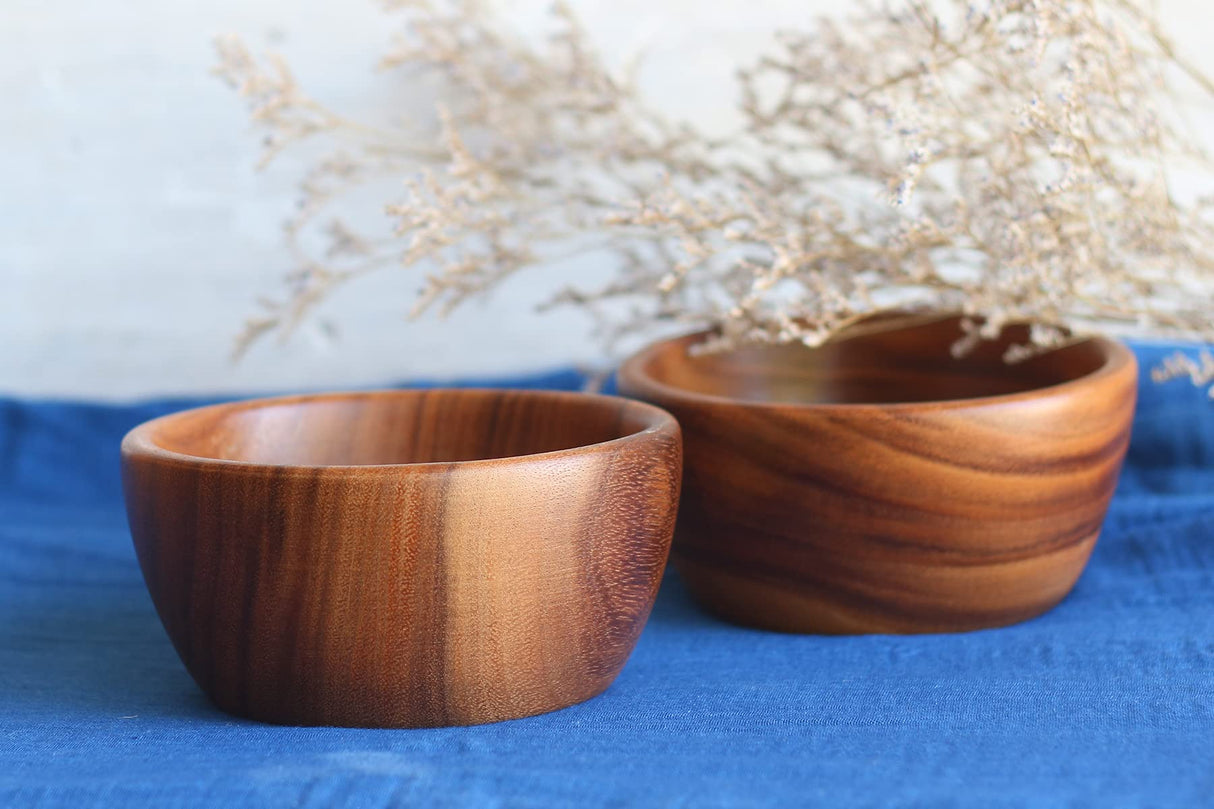 Acacia Wooden Salad Bowls (Set of 2): 6" x 3" Individual Wood Serving Bowls for Fruits, Cereal, or Soup - Handmade from a Single Organic Piece of SiamMandalay