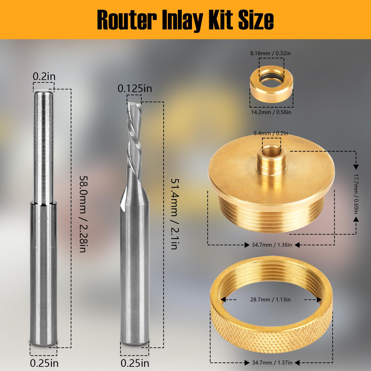 71333 Solid Brass Router Inlay Set for 1/4 Templates High RPM Routing, Includes 1/8" Carbide Spiral Bit + 1/4 Shank, Universal Quick Change Bushing, Ahuliao