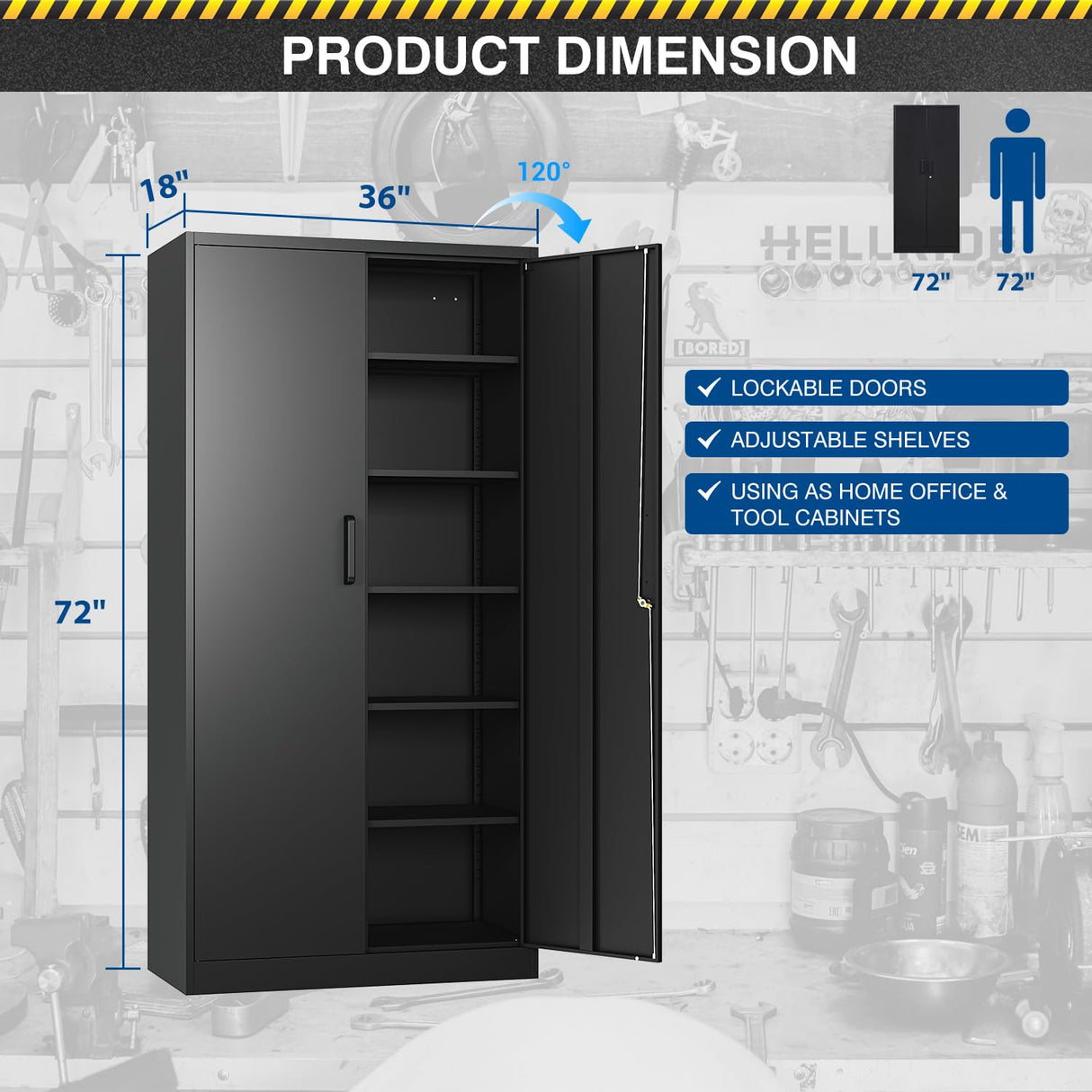 Fesbos Metal Storage Cabinet-72” Tall Steel File Cabinets with Lockable Doors and Adjustable Shelves-Black Steel Storage Cabinet for Home, School, Fesbos