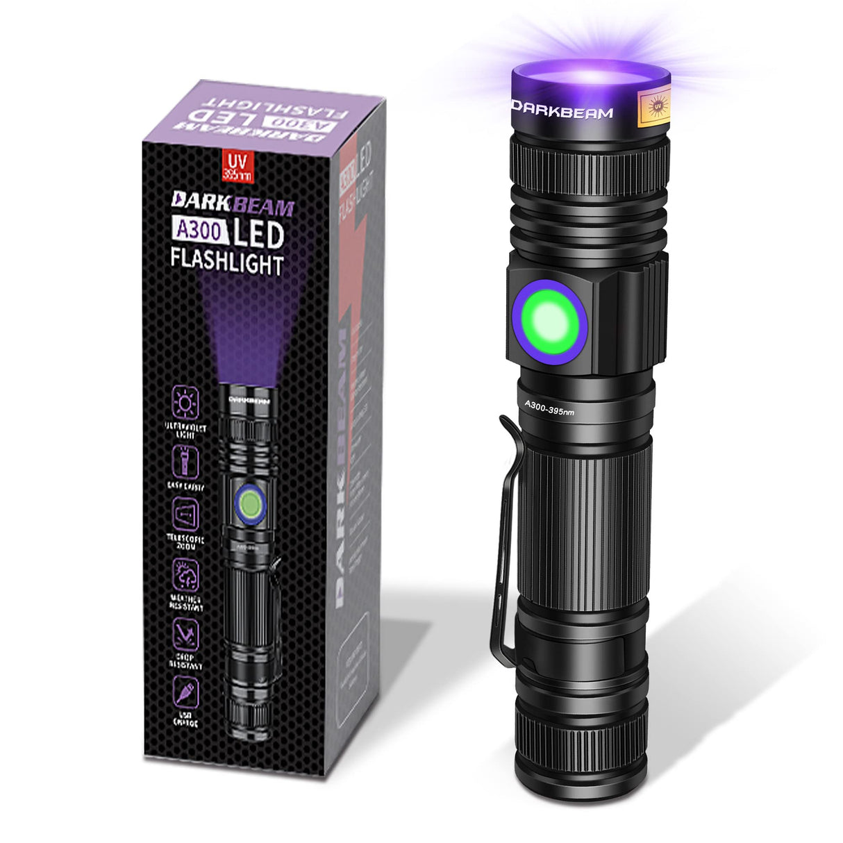 DARKBEAM UV 395nm Flashlight USB Rechargeable, Wood's lamp Black Light, Handheld Ultraviolet LED Portable with Clip, Resin Curing/Spot DARKBEAM