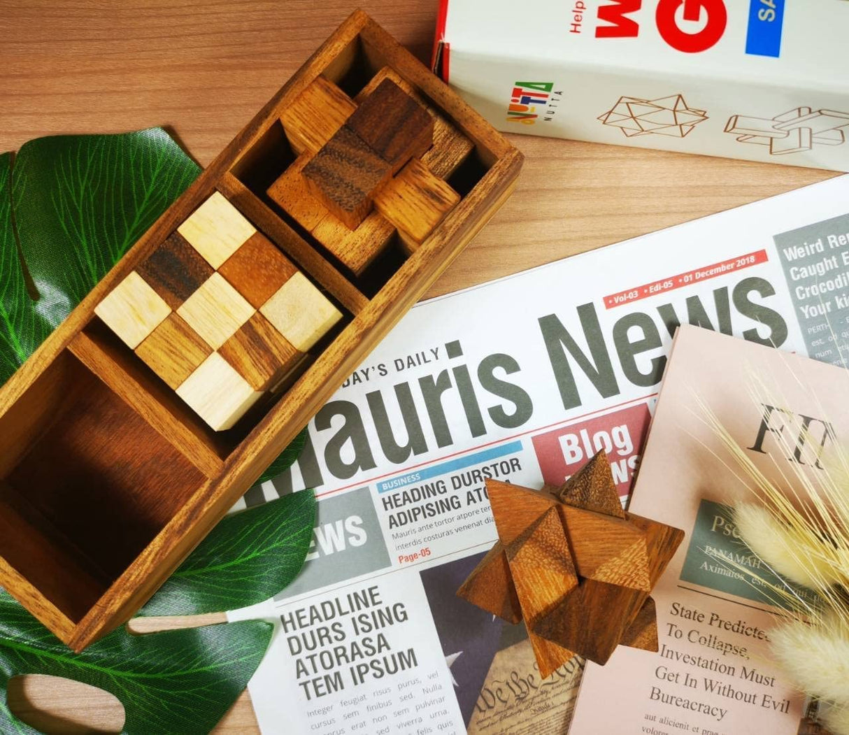 NUTTA - 3 in 1 Set Wooden Games Brain Teaser Wood Toy Desk Puzzle Coffee Table Decor Broad Game 3D Puzzles for Teens and Adults Fun Games Indoor NUTTA