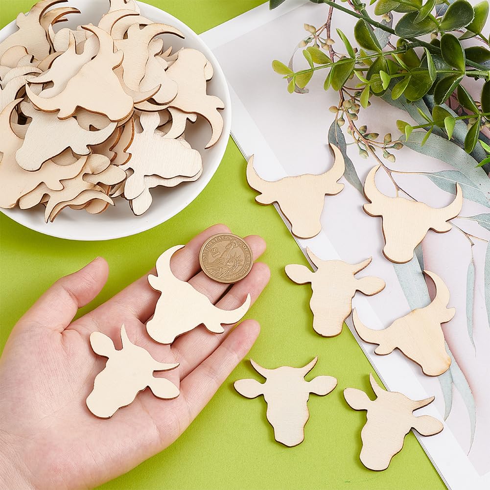 OLYCRAFT 60Pcs 2 Styles Unfinished Wood Cow Head Pieces Wood Cattle Head Blank Cutouts Unfinished Cow Wood Pieces Blank Wooden Cow Slices for OLYCRAFT