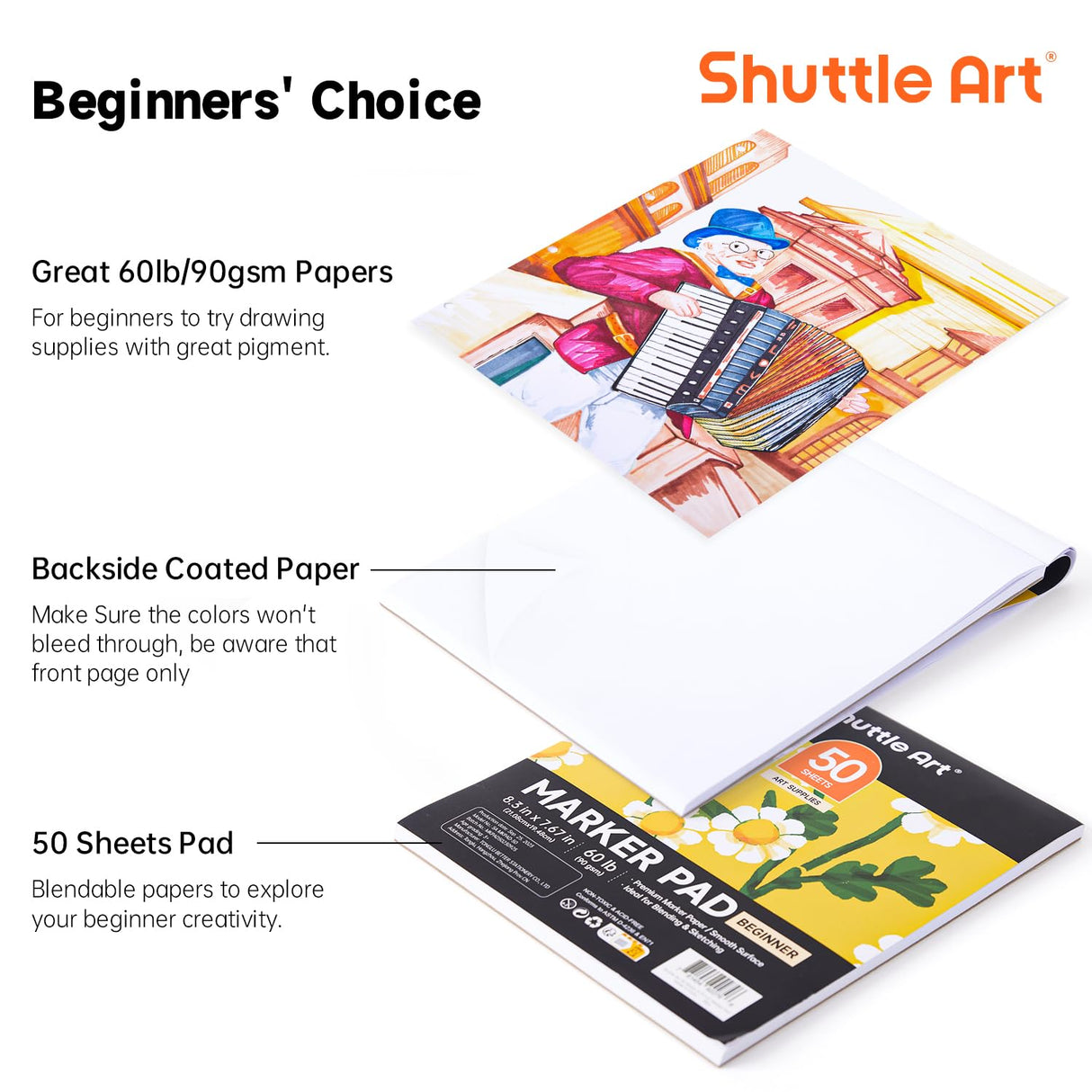 Shuttle Art Alcohol Marker Pad Bundle, Set of 30 Colors Dual Tip Alcohol Markers + 50 Sheets Marker Pad Shuttle Art