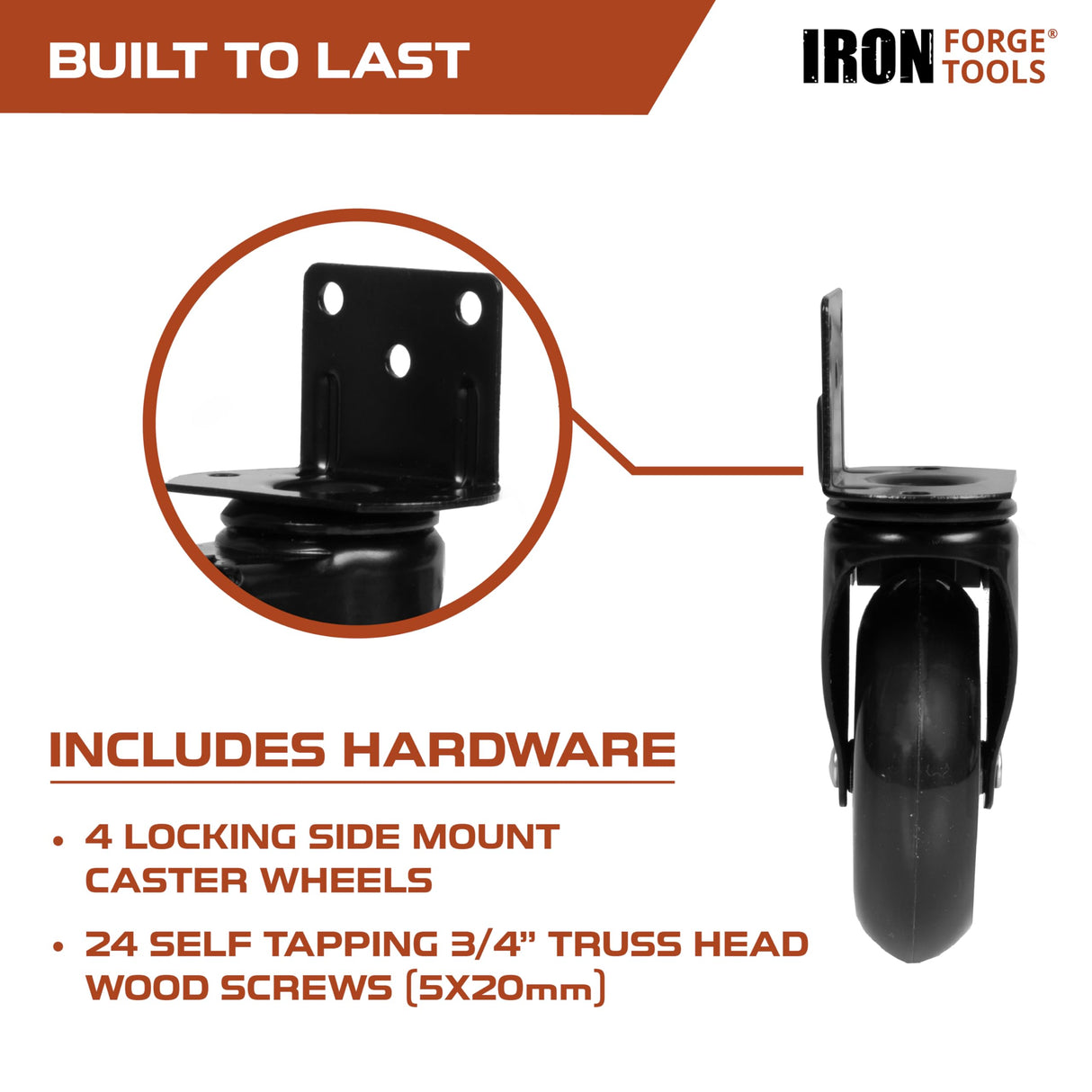 Iron Forge Tools Side Mount Casters Set of 4 Heavy Duty- Swivel Caster Wheels for Furniture Legs, Table, Workbench, Cart, Bed, Black Powder Coated Iron Forge Tools