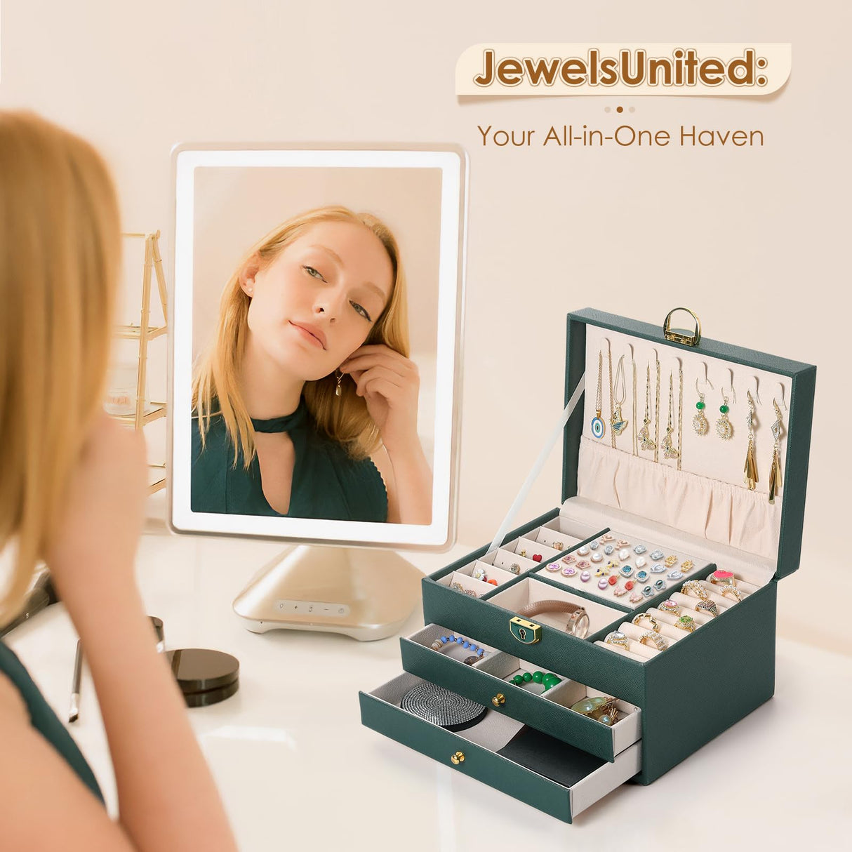 coobest 3 Layer Jewelry Box, Jewelry Holder Organizer with Jewelry Organizer Drawer, Large Jewelry Boxes & Organizer with Velvet Earring Organizer, coobest