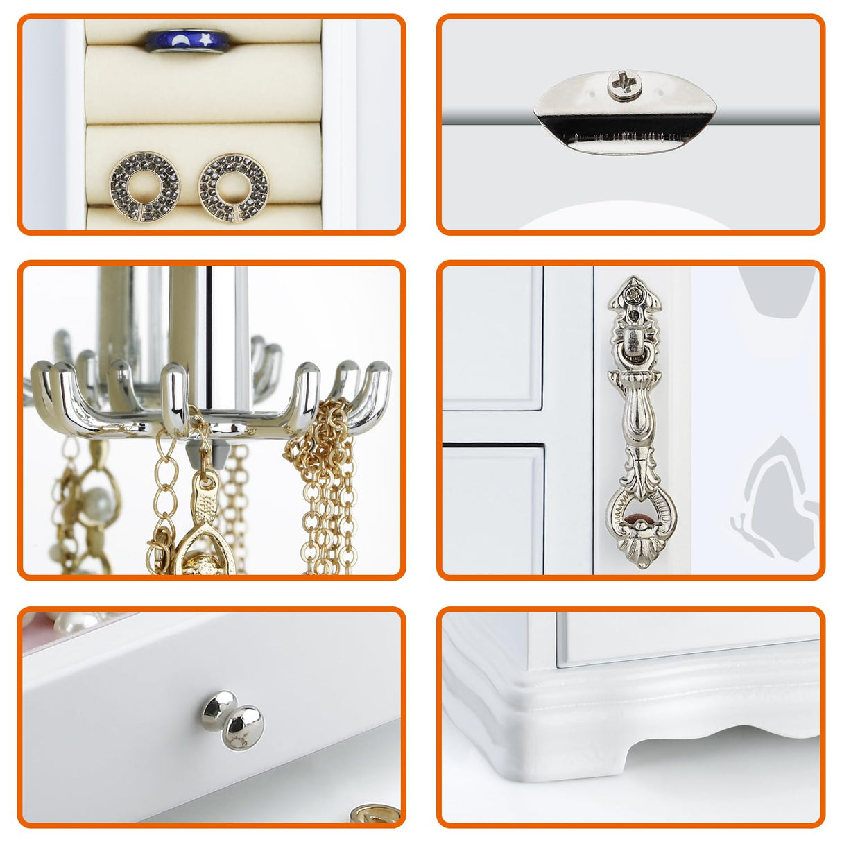 RR ROUND RICH DESIGN Jewelry Box - Made of Solid Wood with 4 Drawers Organizer and Built-in Necklace Carousel and Large Mirror White RR ROUND RICH DESIGN
