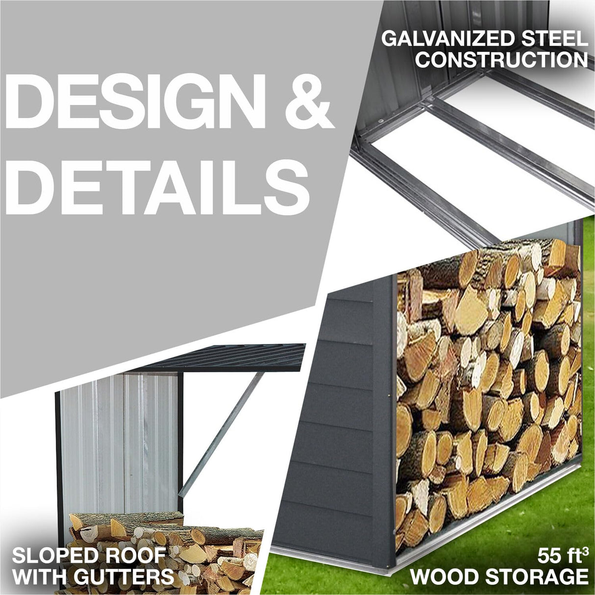 Hanover Indoor or Outdoor Steel Firewood Rack, Weather Resistant Open Wood Shed with Sloped Roof for Firewood, Pellet, or Lumber Storage, 5.3-Ft. x Hanover