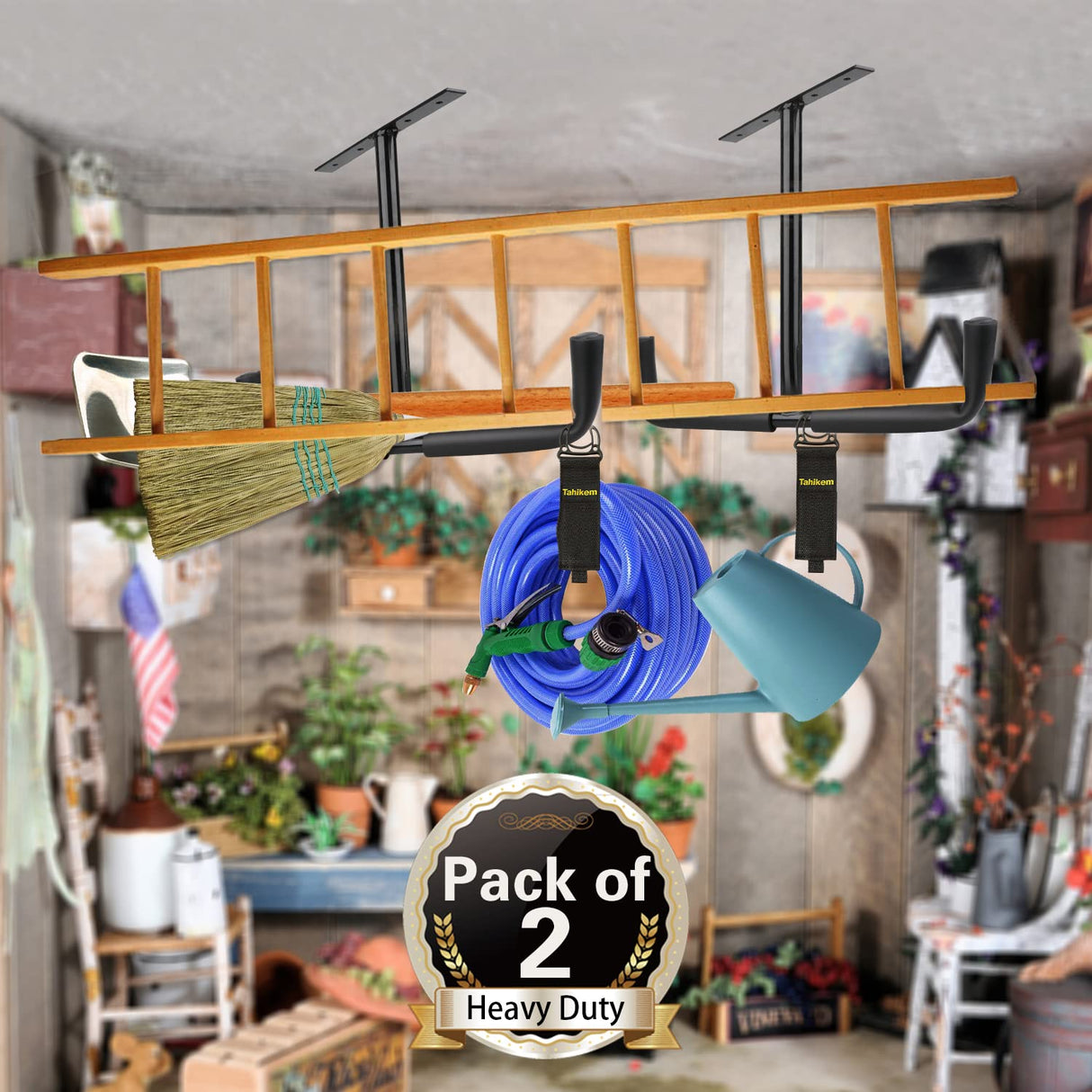 Tahikem 2 Set Overhead Garage Storage Rack, Heavy Duty Overhead Storage Double Hook, Ceiling Mount Hanger Safe Racks Hooks, Hanging for Lumber Ladder Tahikem