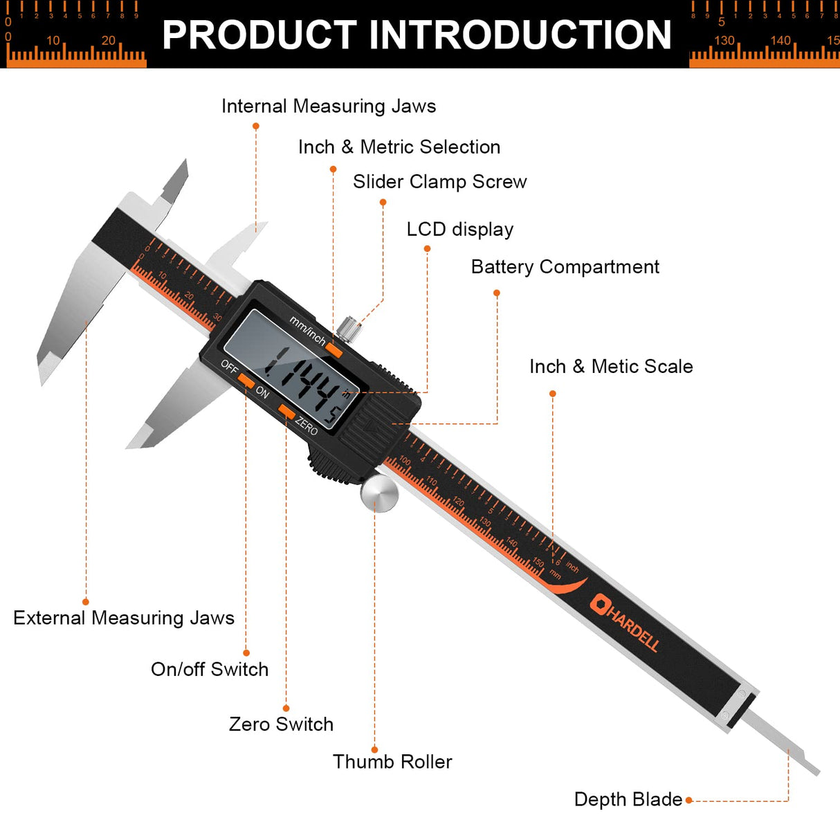 HARDELL Digital Caliper, 6 Inch Stainless Steel Caliper Measuring Tool with Large LCD Screen, Electronic Micrometer Caliper Digital Inch/Millimeter HARDELL