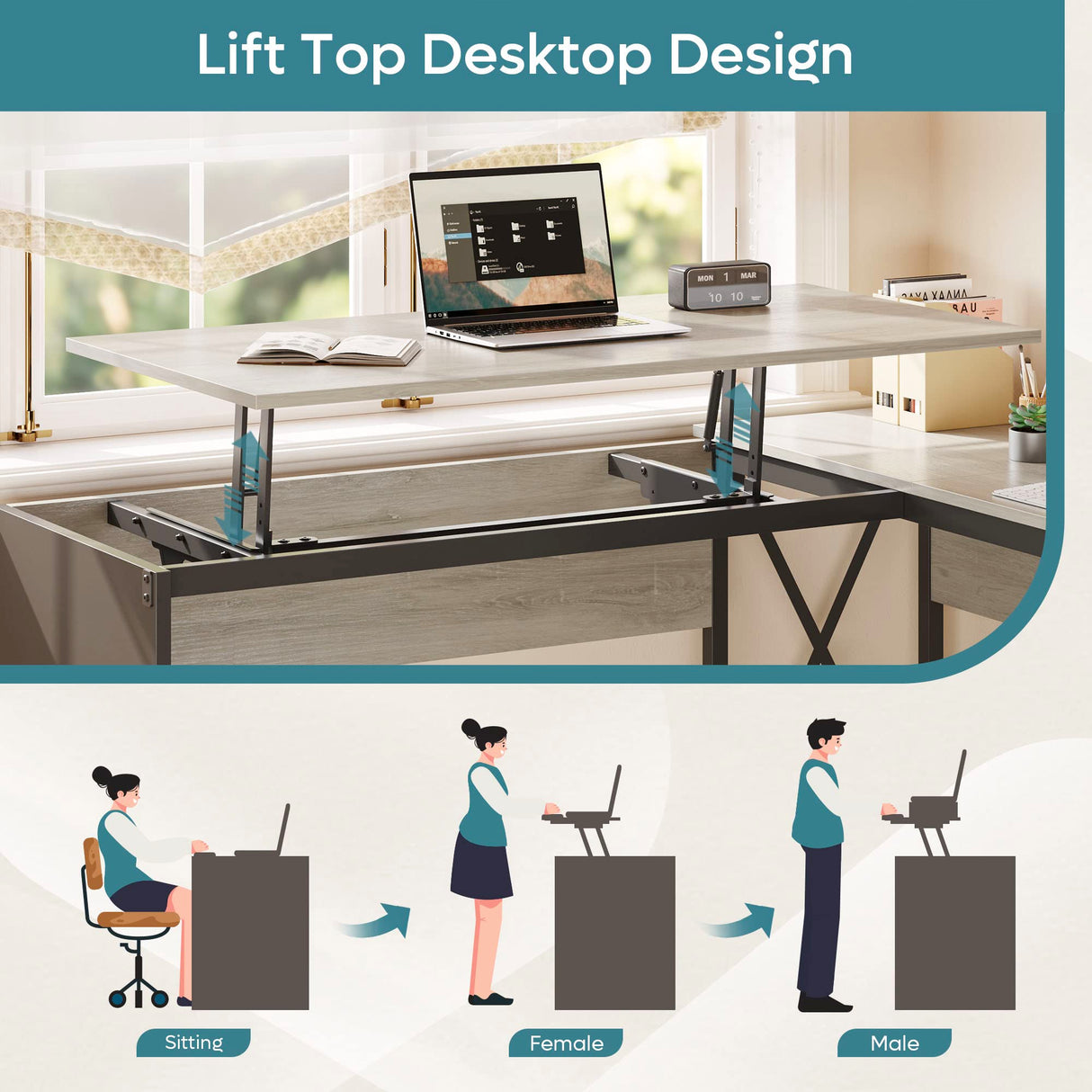 Bestier Lift Top L Shaped Desk with File Drawer, 55'' x 55'' Office Desk with Reversible Storage Drawers, L Shaped Standing Desk with Computer Bestier