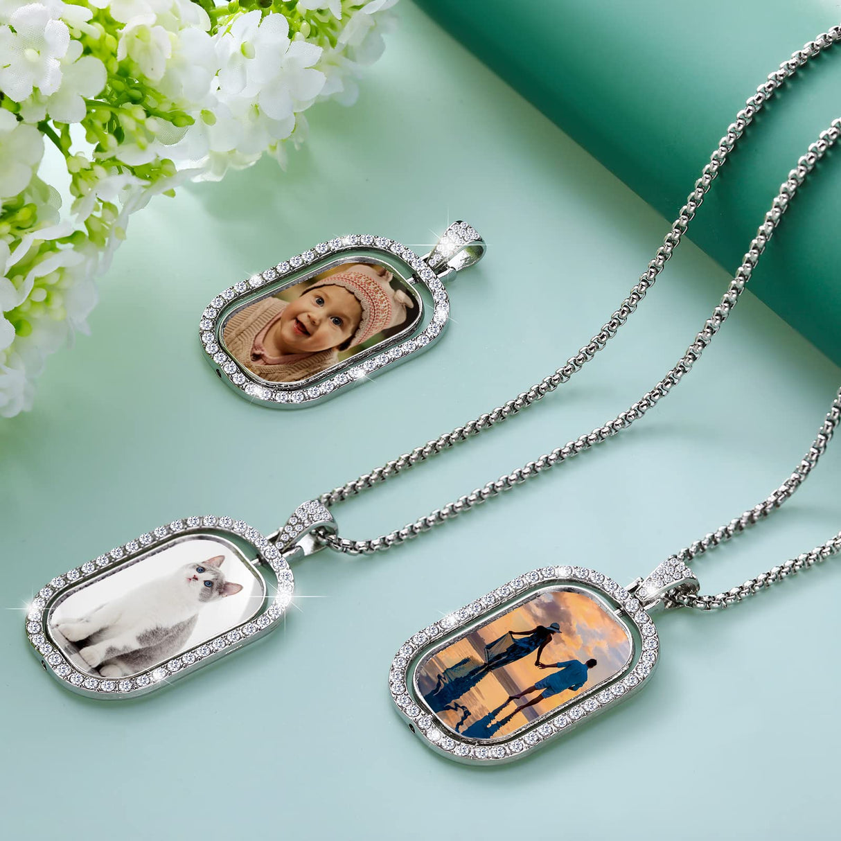 Junkin 24 Pcs Sublimation Rhinestone Trays Pendant Set, Including 6 Double Sided Blank Rhinestone Bezel Trays, 6 Pcs Thick Chains with 12 Sublimation Junkin