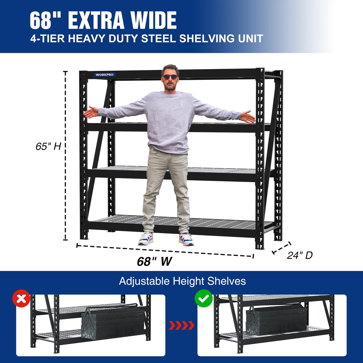 WORKPRO 68" Ultra Wide 4-Tier Metal Garage Shelving Unit, 68"W x 24"D x 65"H, 7200 LBS Capacity, Heavy Duty Storage Utility Rack, Industrial WORKPRO