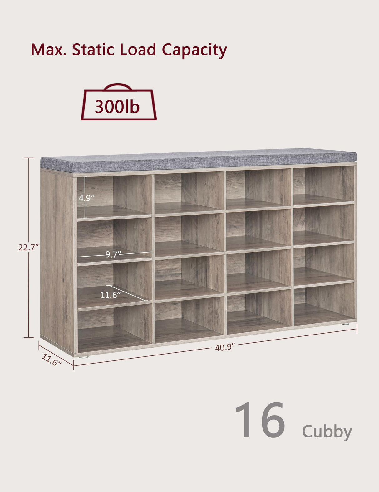 DINZI LVJ Shoe Storage Bench with Cushion, 16-Cubby Shoe Rack, Adjustable Shelves, Multifunctional Shoe Organizer Bench for Entryway, Mudroom, DINZI LVJ