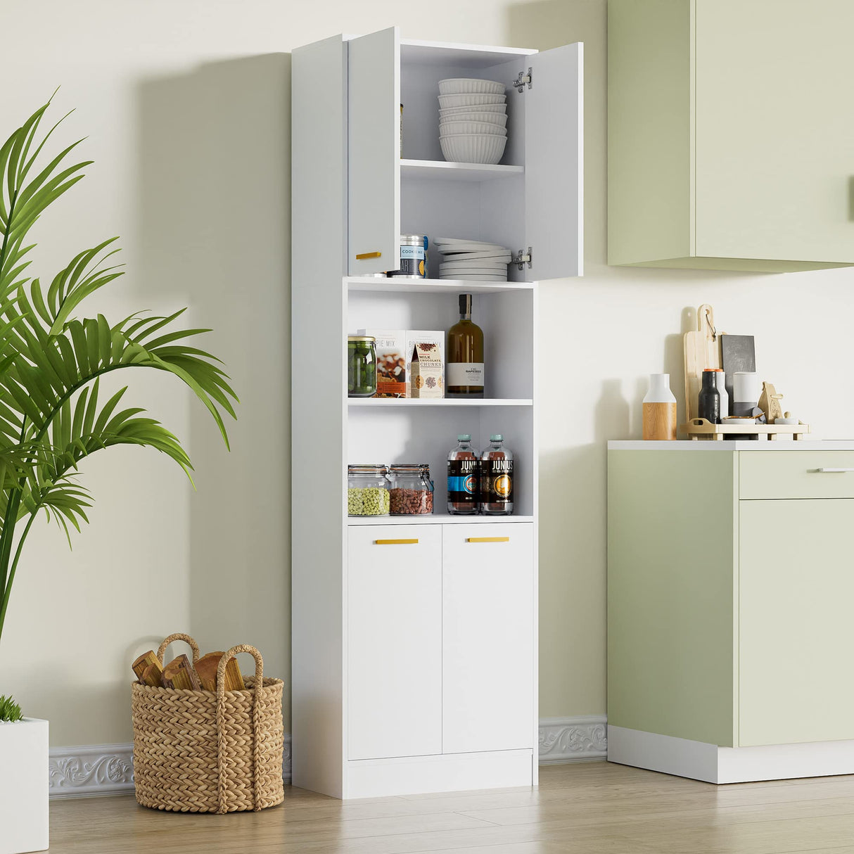 Cozy Castle Freestanding Pantry Cabinet, 75" with Doors and Adjustable Shelves, Wood Storage Cabinet for Kitchen, Bathroom or Hallway, White Cozy Castle