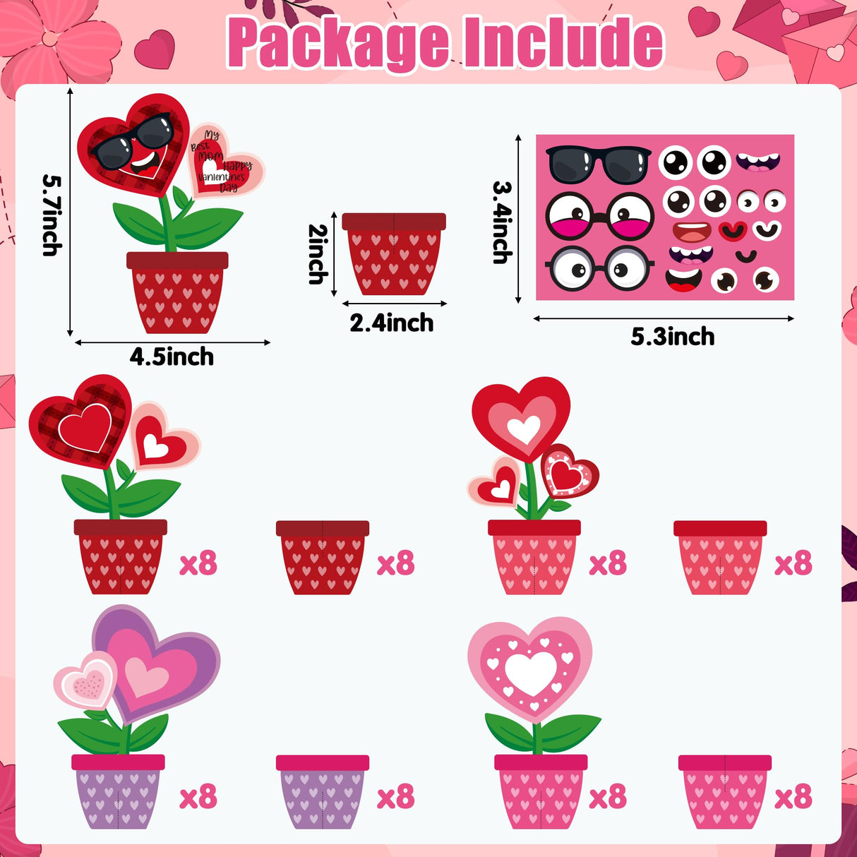 WATINC 32PCS Valentine’s Day Flower Craft Kit, Make Your Valentines Heart Flowers Pot Gift Craft Decorations, DIY Valentine Art Craft Set Home School WATINC