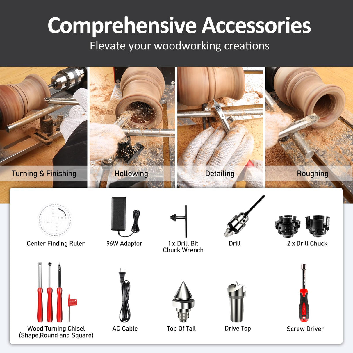 ArtyMaster Mini Lathe, WM101A-Plus Mini Wood Lathe Machine, 24VDC 96W Power Lathe, Small Benchtop Lathe with Wood Turning Lathe Tools Kits, ArtyMaster