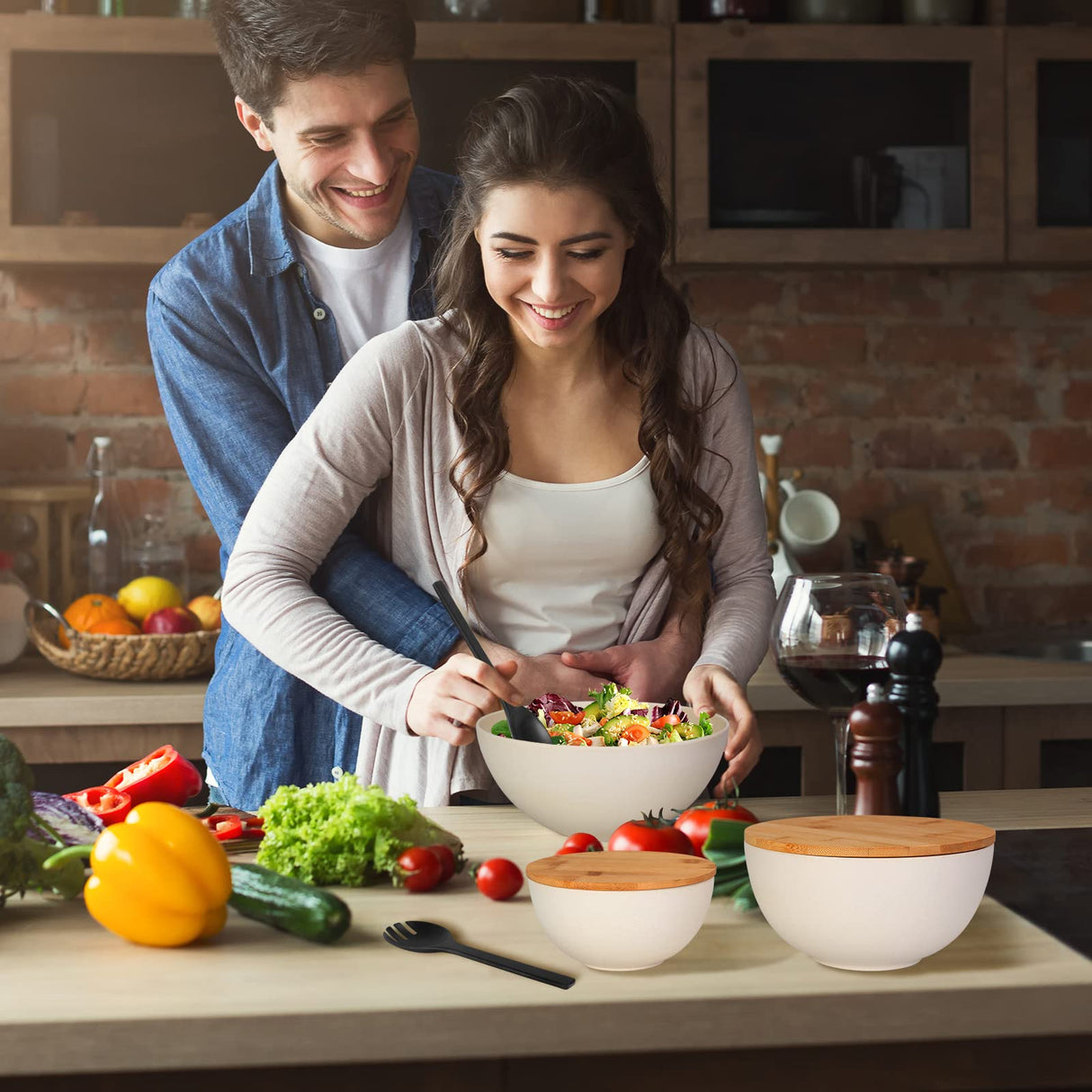 ShineMe Salad Bowl with Lid, Natural Bamboo Fiber Serving Bowls Set of 3 with Utensils & Lids, Mixing Bowls for Preparing, Storing and Serving for ShineMe