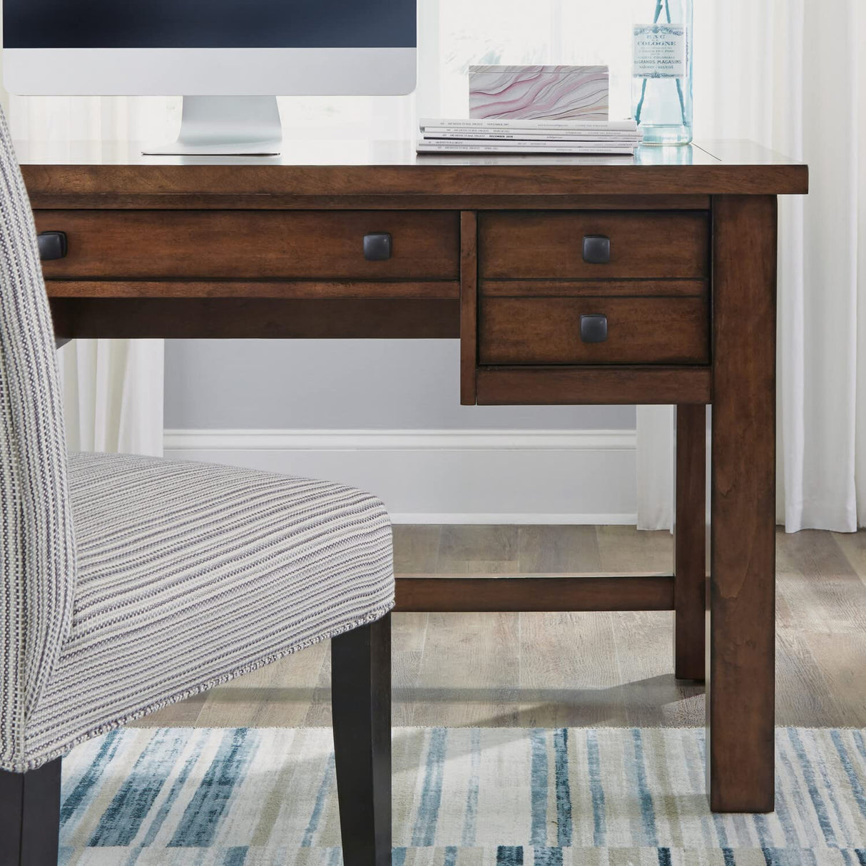 Home Styles Tahoe Aged Maple Executive Writing Desk with Two Accessory Drawers on Each Side, Drop-Down Center Drawer, Keyboard Tray, and Antiqued homestyles