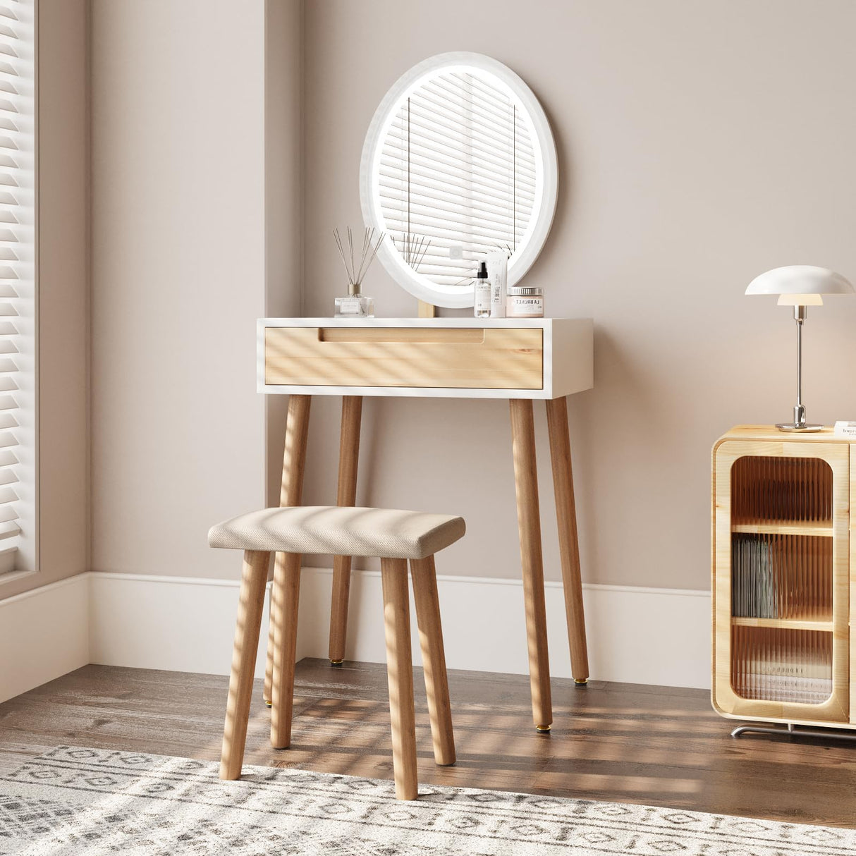 ARTETHYS Small Makeup Vanity Desk with 3 Adjustable Lighted Mirror and Chair, 24 Inch Makeup Vanity Table with Big Drawer Wooden Frame for Small ARTETHYS