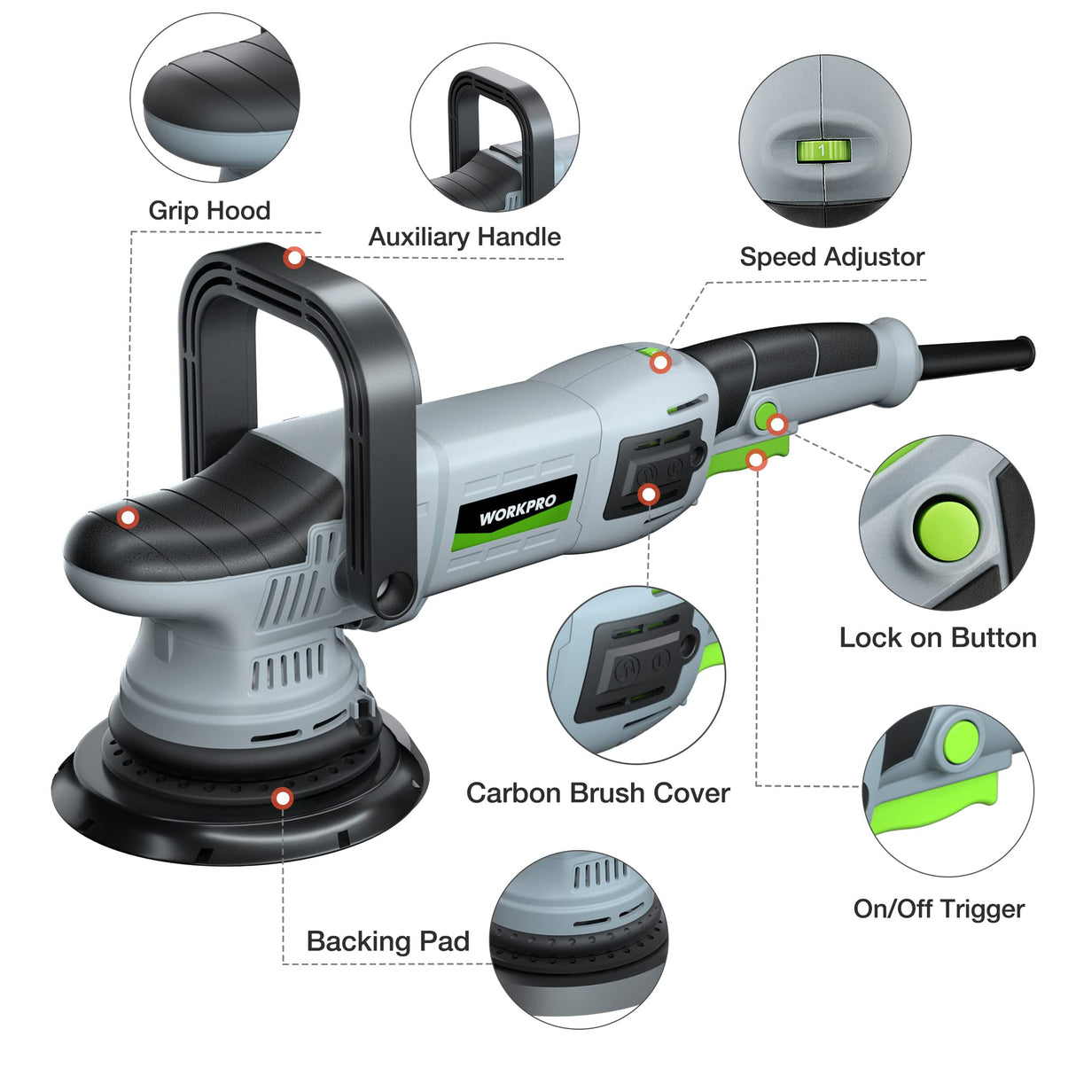 WORKPRO Buffer Polisher, 6-inch 1080W Dual Action Random Orbital Polish Kit for Car Detailing, 6 Variable Speed DA Polisher with Backing/Woolen/Foam WORKPRO