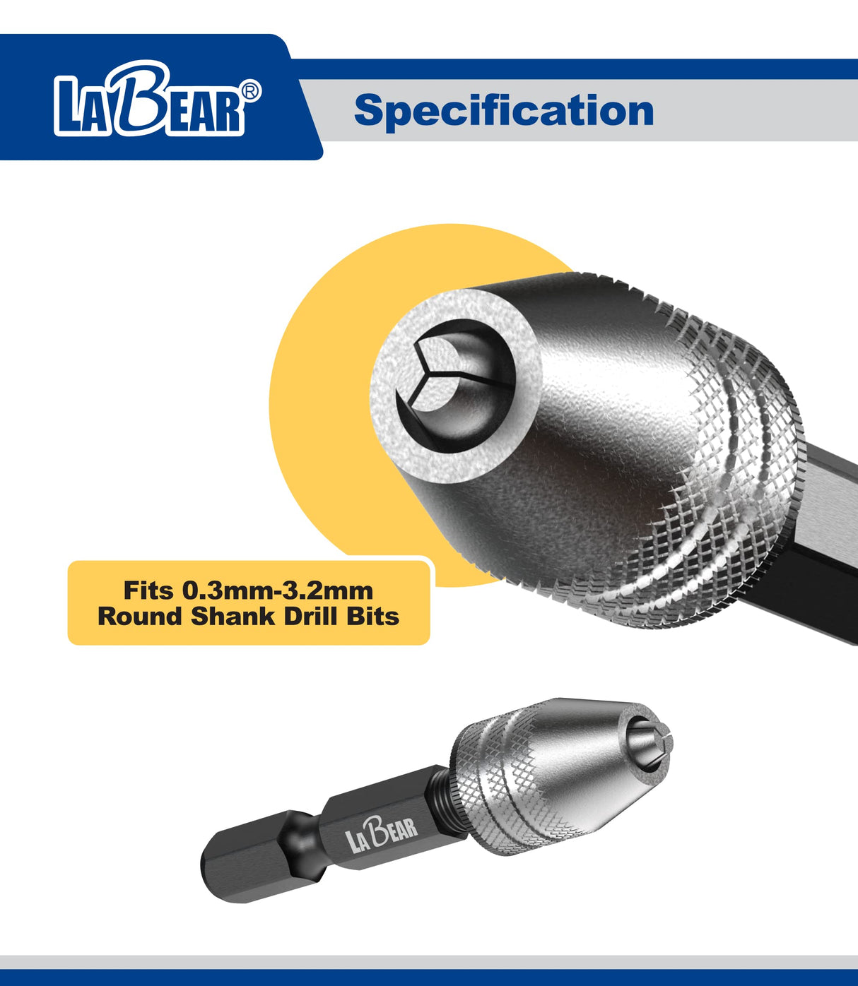LABEAR - Drill Chuck Keyless Mini Adapter ¼ Inch Hex Shank | 0.3-3.2mm Capacity for Micro Drill Bits For Cordless Screwdrivers, Drills, and Power DIY LABEAR