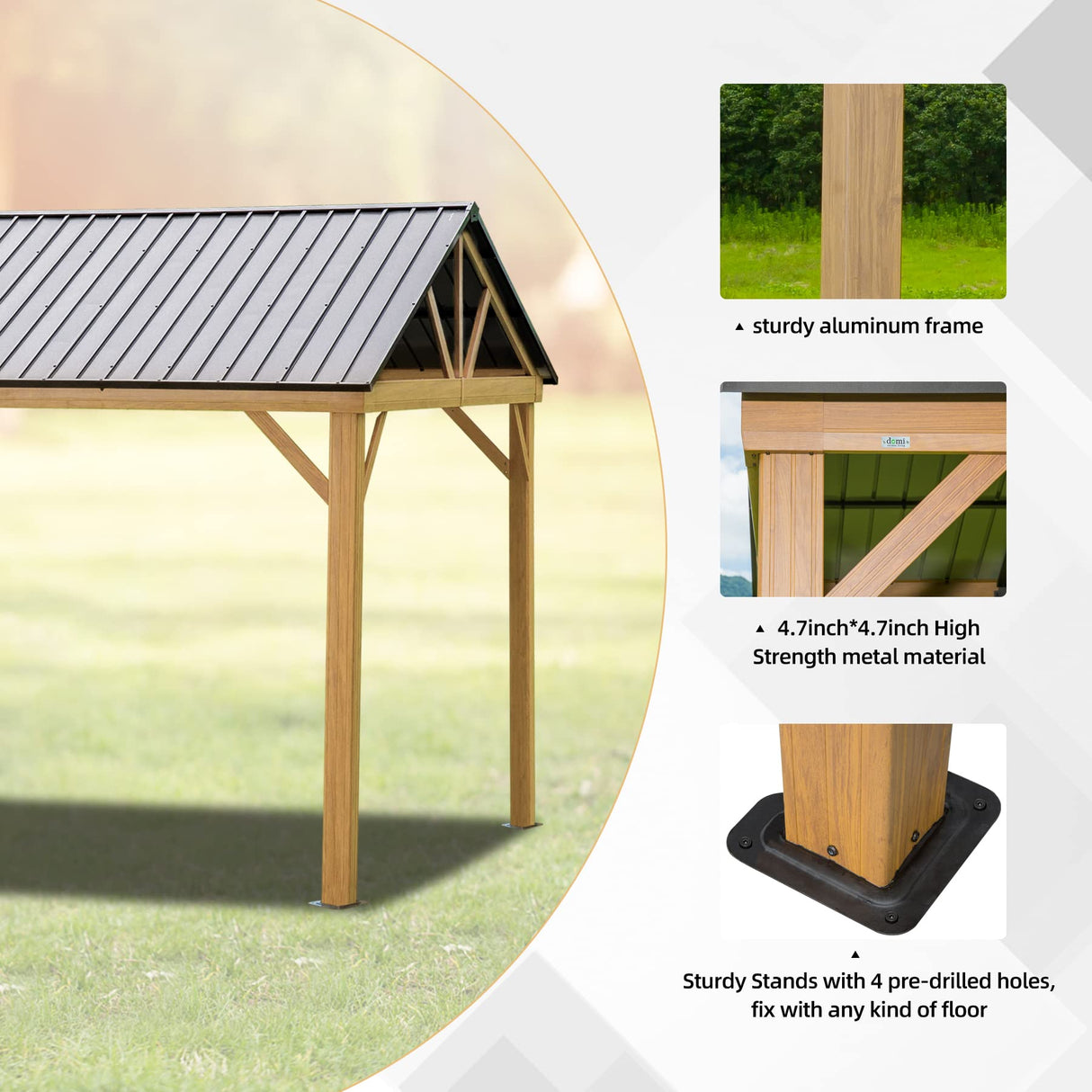 Domi 12’x14’ Hardtop Gazebo Outdoor Aluminum Gazebo with Galvanized Steel Gable Roof for Lawn and Garden(Wood-Looking) domi outdoor living