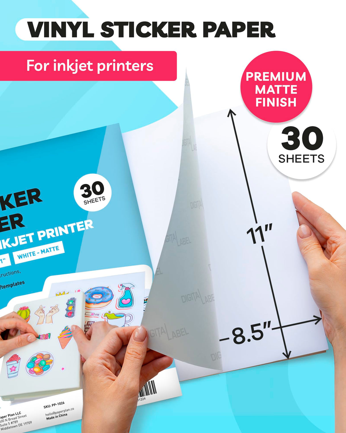 Sticker Paper for Inkjet Printer - Printable Vinyl Sticker Paper - Sticker Paper - (30 Sheets, 8.5 x 11", Matte White) - Sticker Printer Paper - Paper Plan