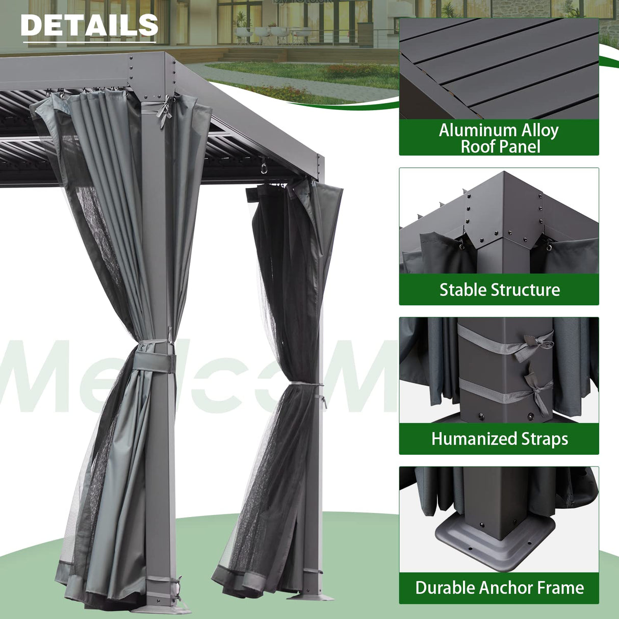 MELLCOM Louvered Pergola 12x20, Aluminum Pergola with Adjustable Louvered Roof, Outdoor Pergola with Waterproof Curtains and Nets, Gray MELLCOM