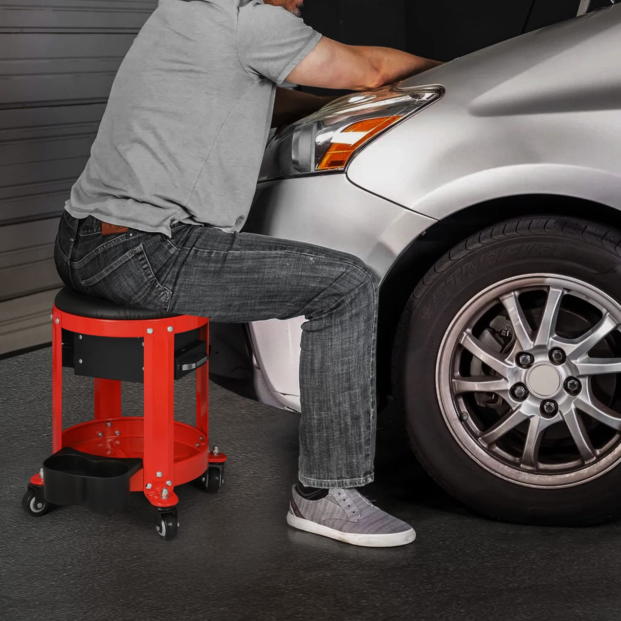 Magshion Round Mechanics Roller Seat with Build-in Drawer/Tool Storage and Can Holder, Padded Garage Stool with Wheels 300 lbs Capacity Rolling Magshion