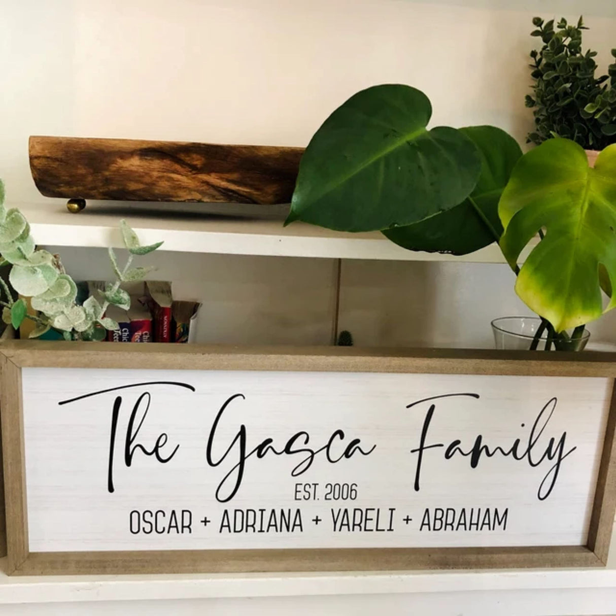 Personalized Framed Wooden Family Name Sign (6" x 18", Weathered Grey Frame, White Background) MRC Wood Products